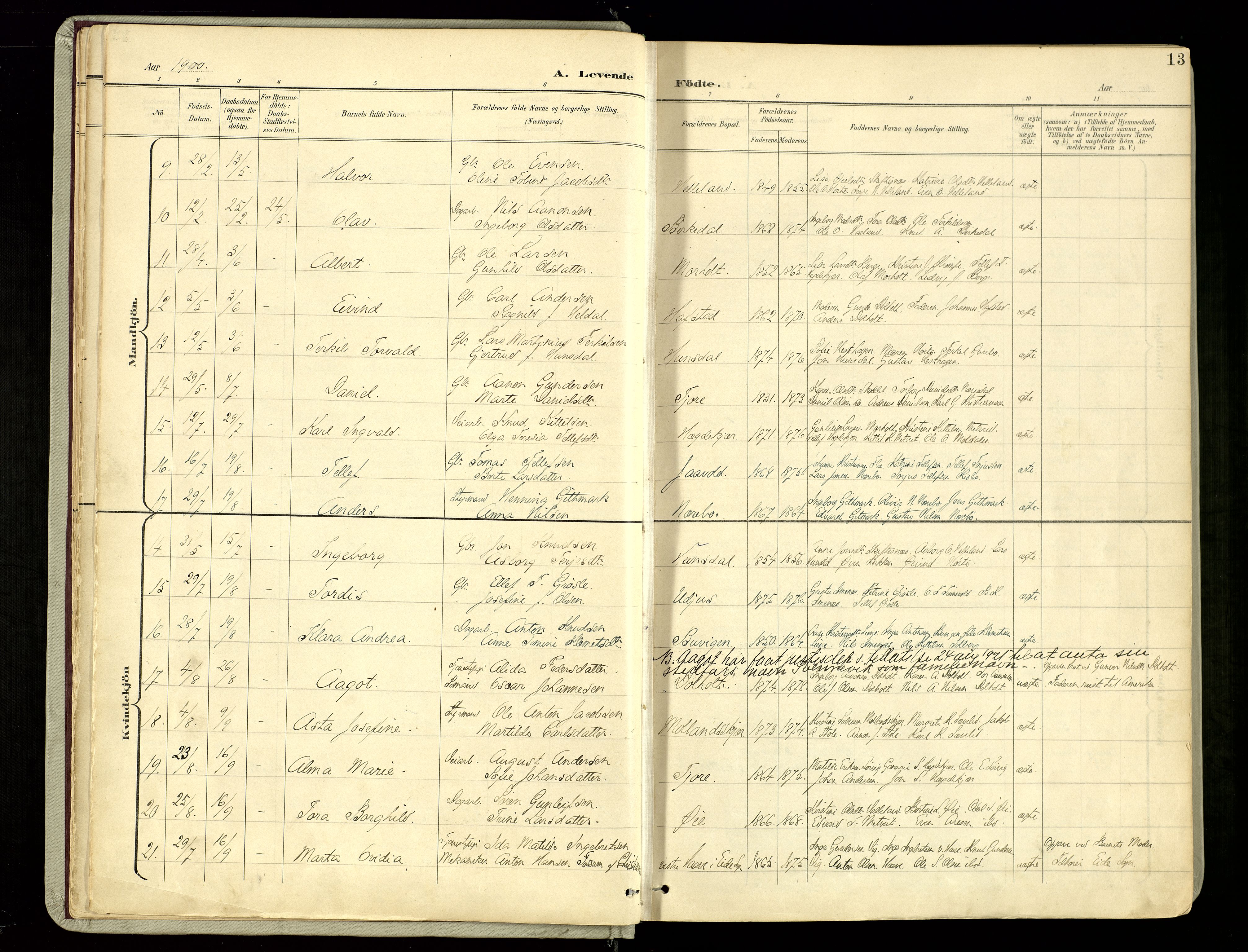 Hommedal sokneprestkontor, SAK/1111-0023/F/Fa/Fab/L0007: Parish register (official) no. A 7, 1898-1924, p. 13