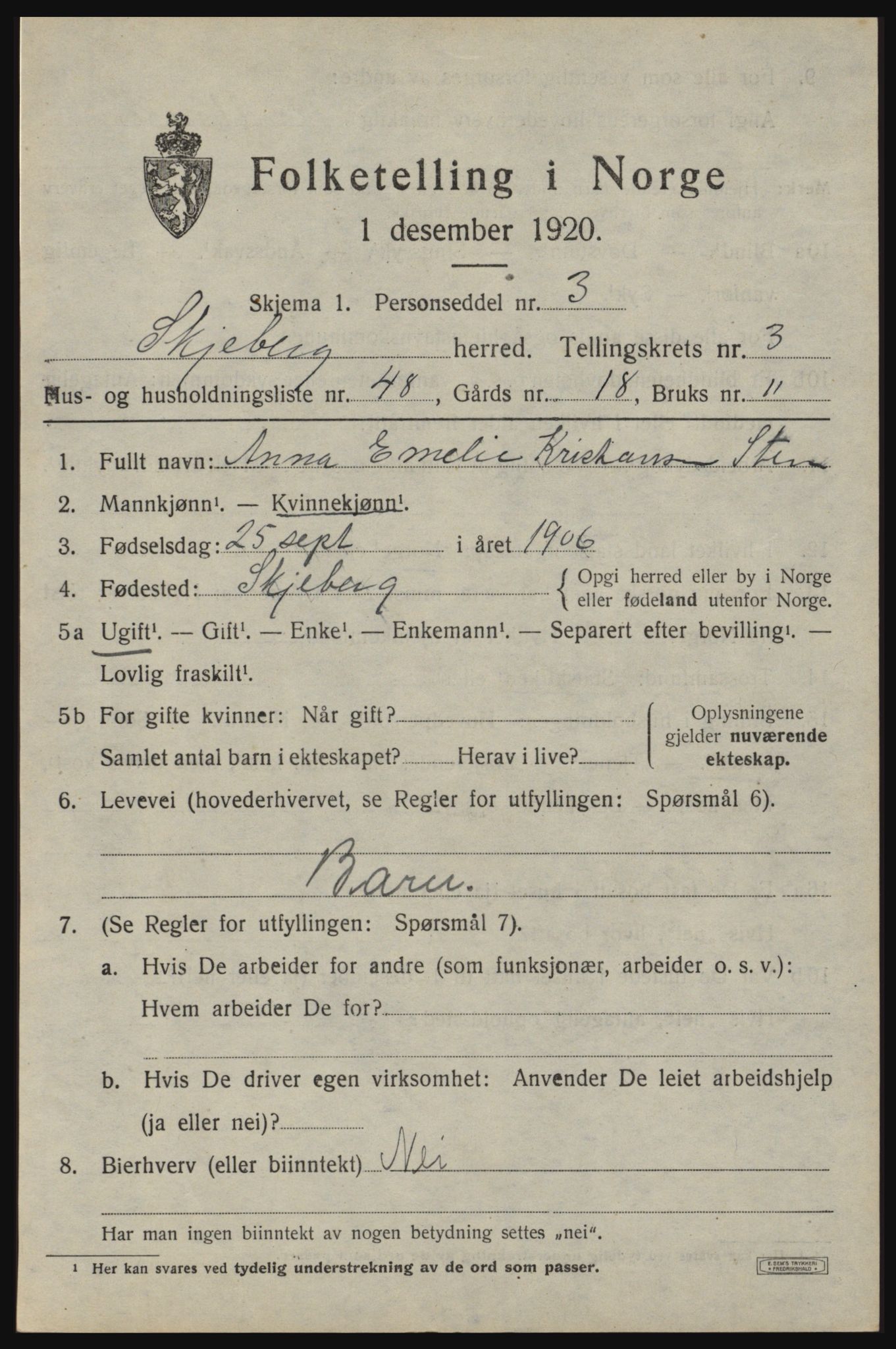 SAO, 1920 census for Skjeberg, 1920, p. 4929