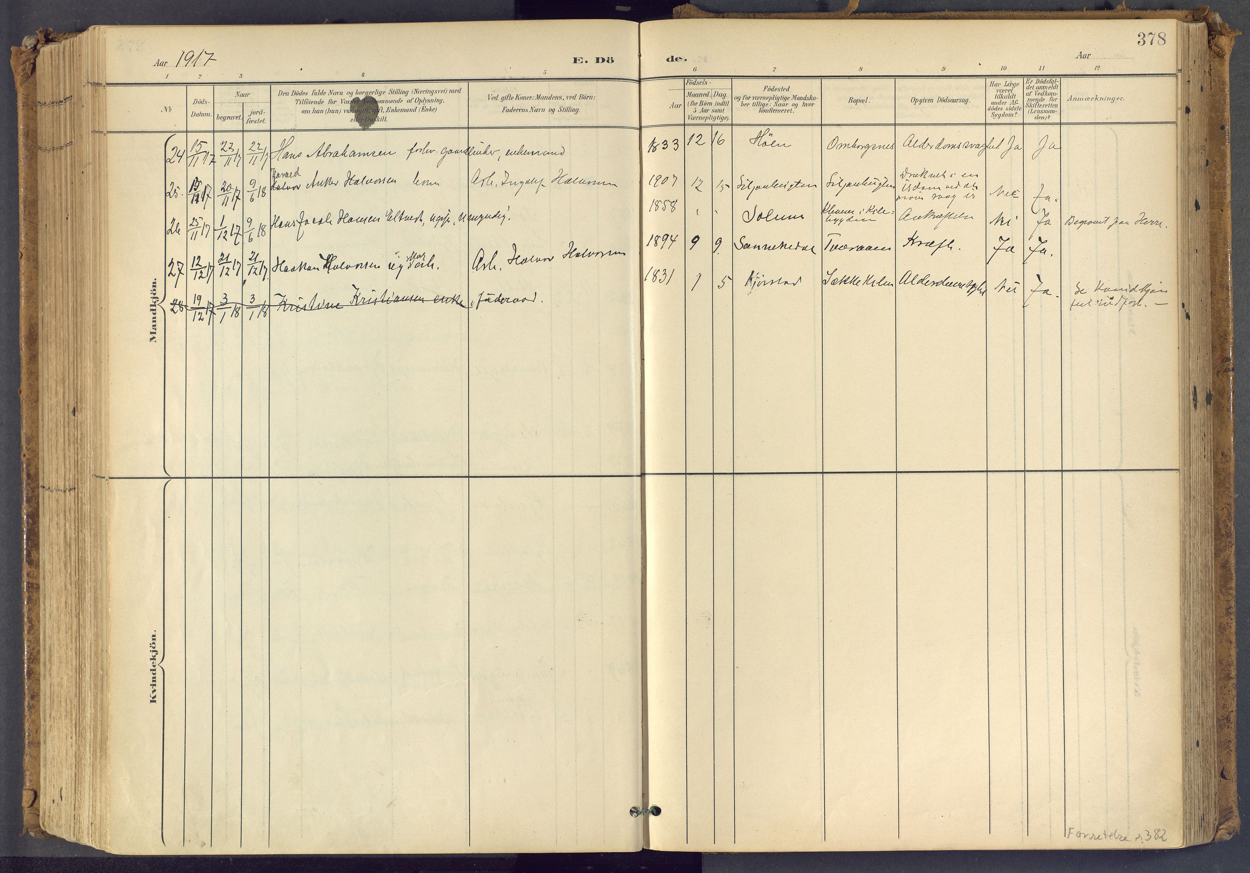 Bamble kirkebøker, AV/SAKO-A-253/F/Fa/L0009: Parish register (official) no. I 9, 1901-1917, p. 378