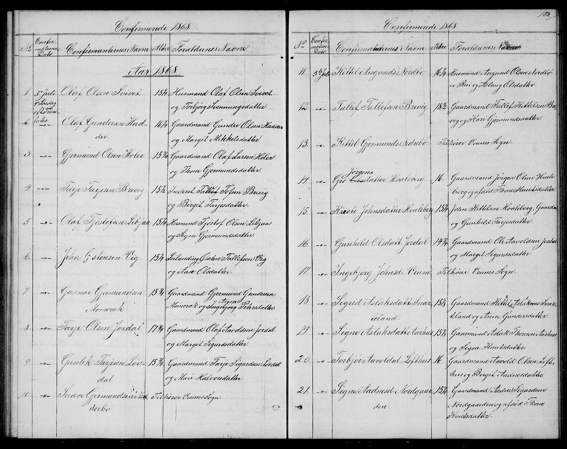 Fyresdal kirkebøker, SAKO/A-263/G/Ga/L0004: Parish register (copy) no. I 4, 1864-1892, p. 103