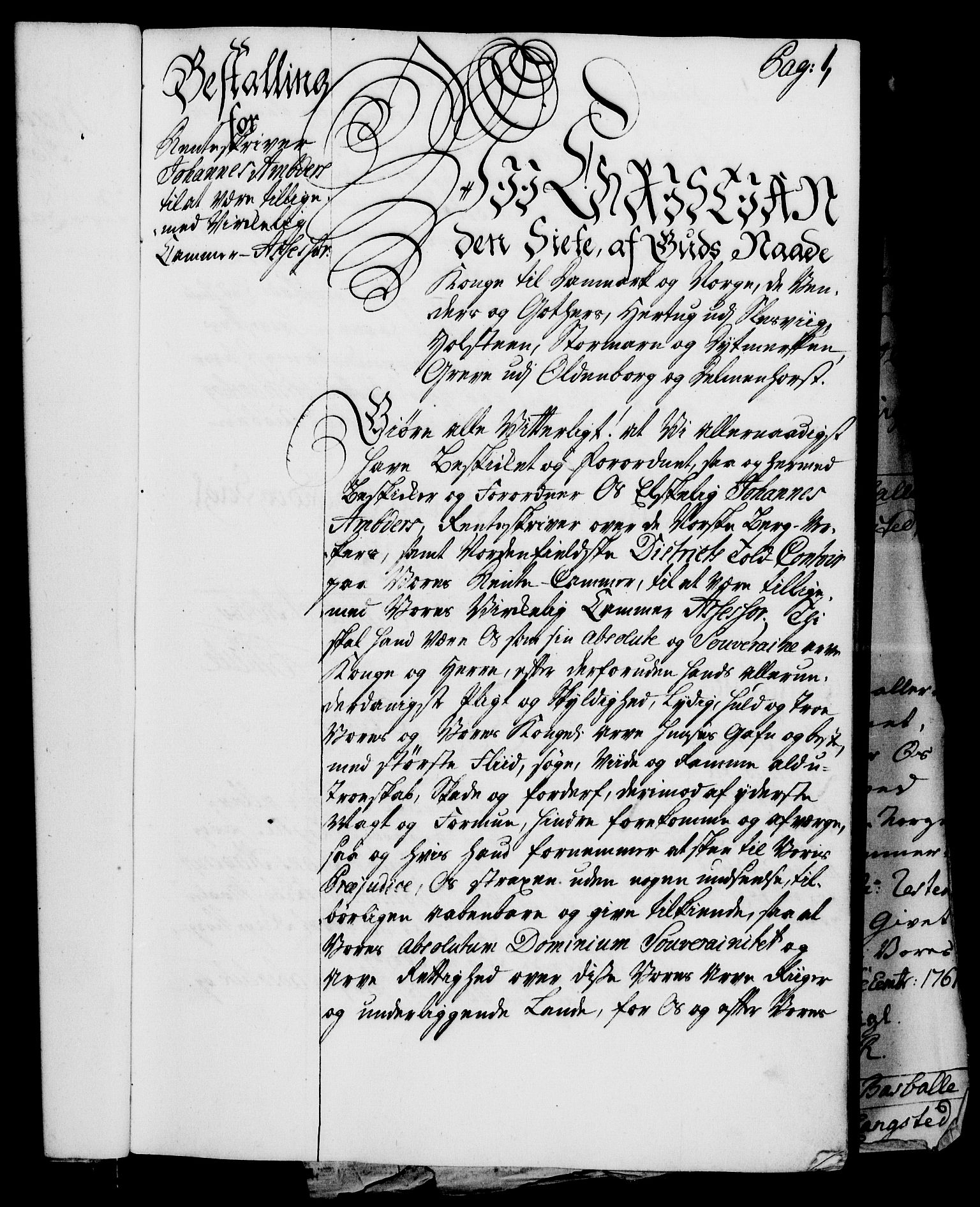 Rentekammeret, Kammerkanselliet, RA/EA-3111/G/Gg/Gge/L0003: Norsk bestallingsprotokoll med register (merket RK 53.27), 1745-1761, p. 1