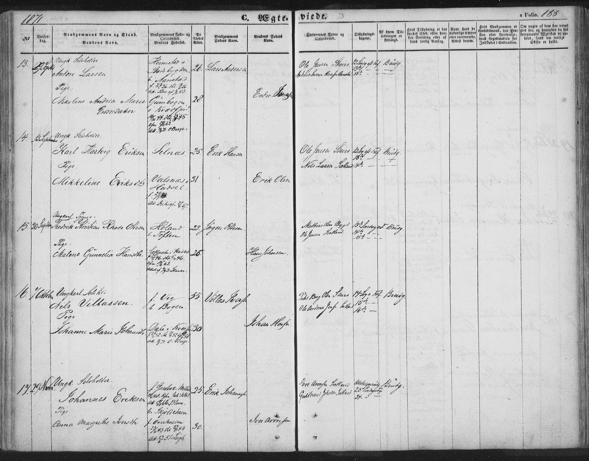 Ministerialprotokoller, klokkerbøker og fødselsregistre - Nordland, AV/SAT-A-1459/895/L1369: Parish register (official) no. 895A04, 1852-1872, p. 188