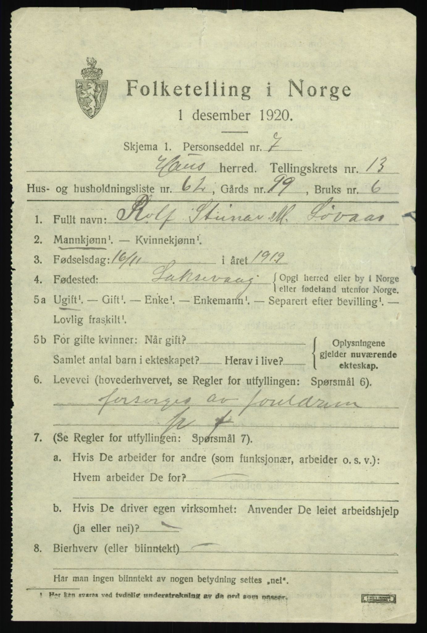 SAB, 1920 census for Haus, 1920, p. 8785