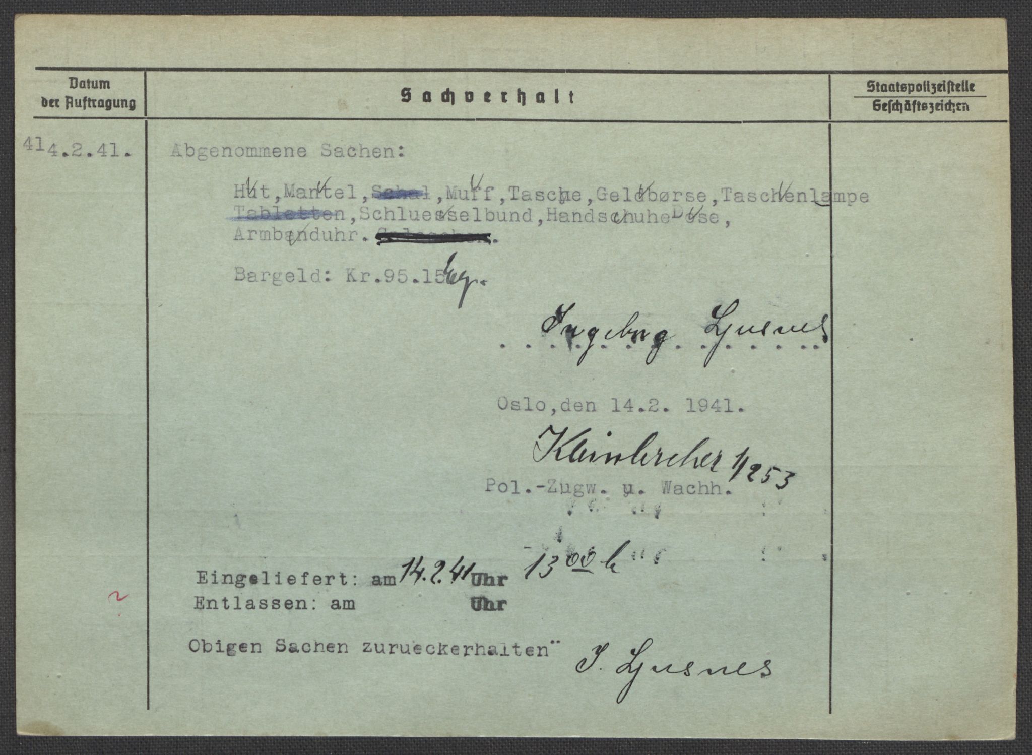 Befehlshaber der Sicherheitspolizei und des SD, AV/RA-RAFA-5969/E/Ea/Eaa/L0006: Register over norske fanger i Møllergata 19: Kj-Lund, 1940-1945, p. 1202