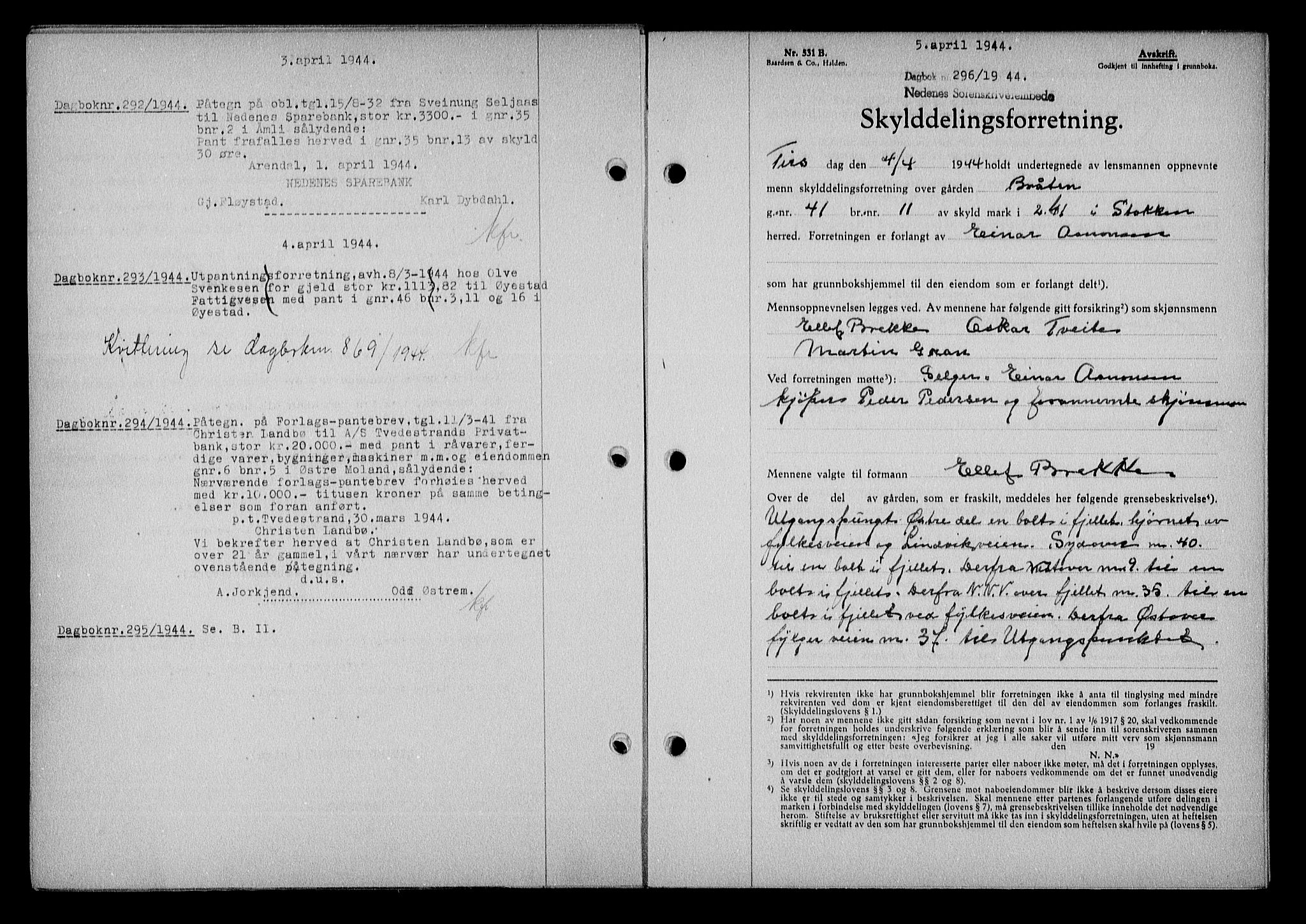 Nedenes sorenskriveri, AV/SAK-1221-0006/G/Gb/Gba/L0051: Mortgage book no. A-V, 1943-1944, Diary no: : 296/1944