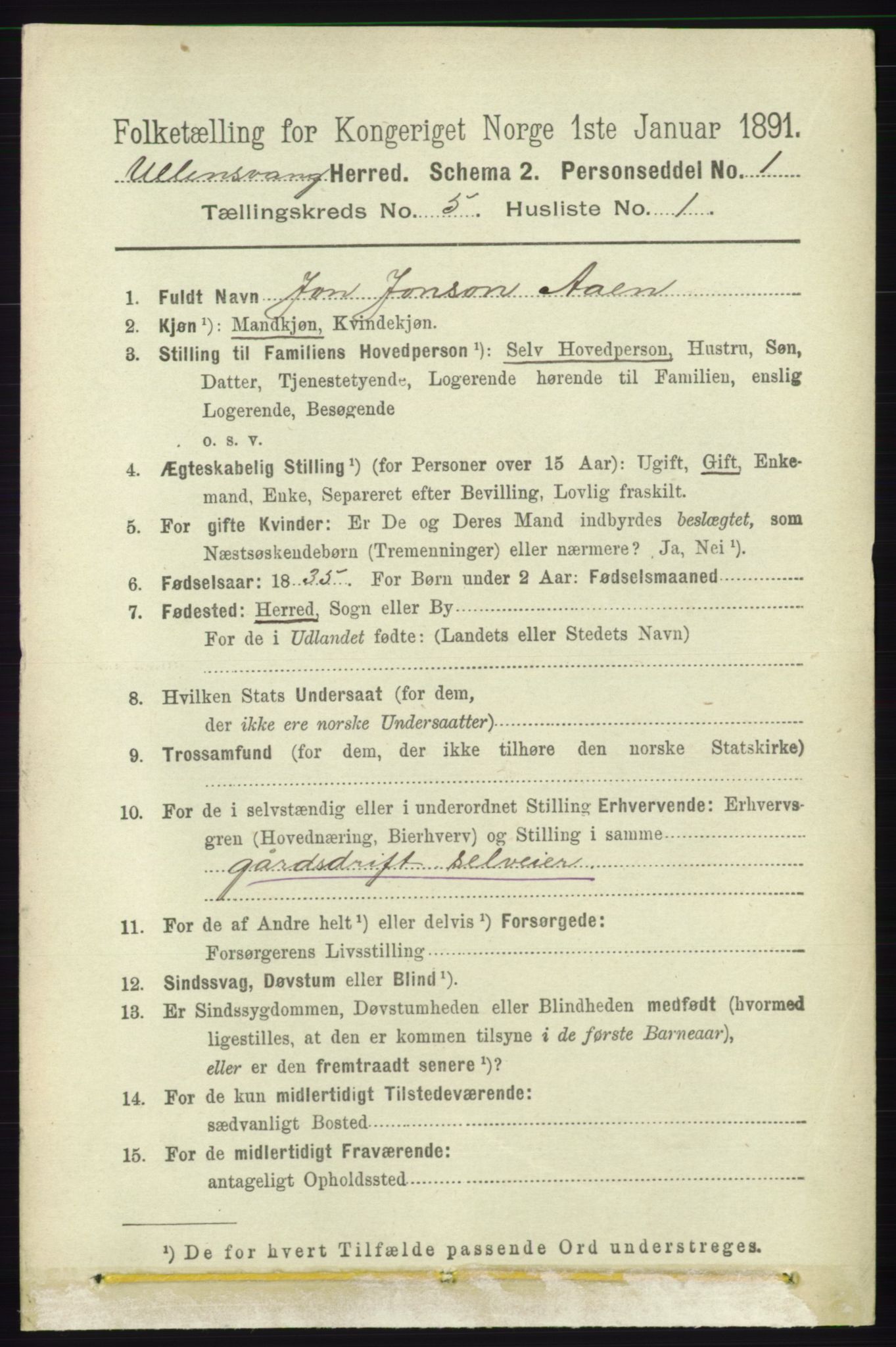 RA, 1891 census for 1230 Ullensvang, 1891, p. 1614