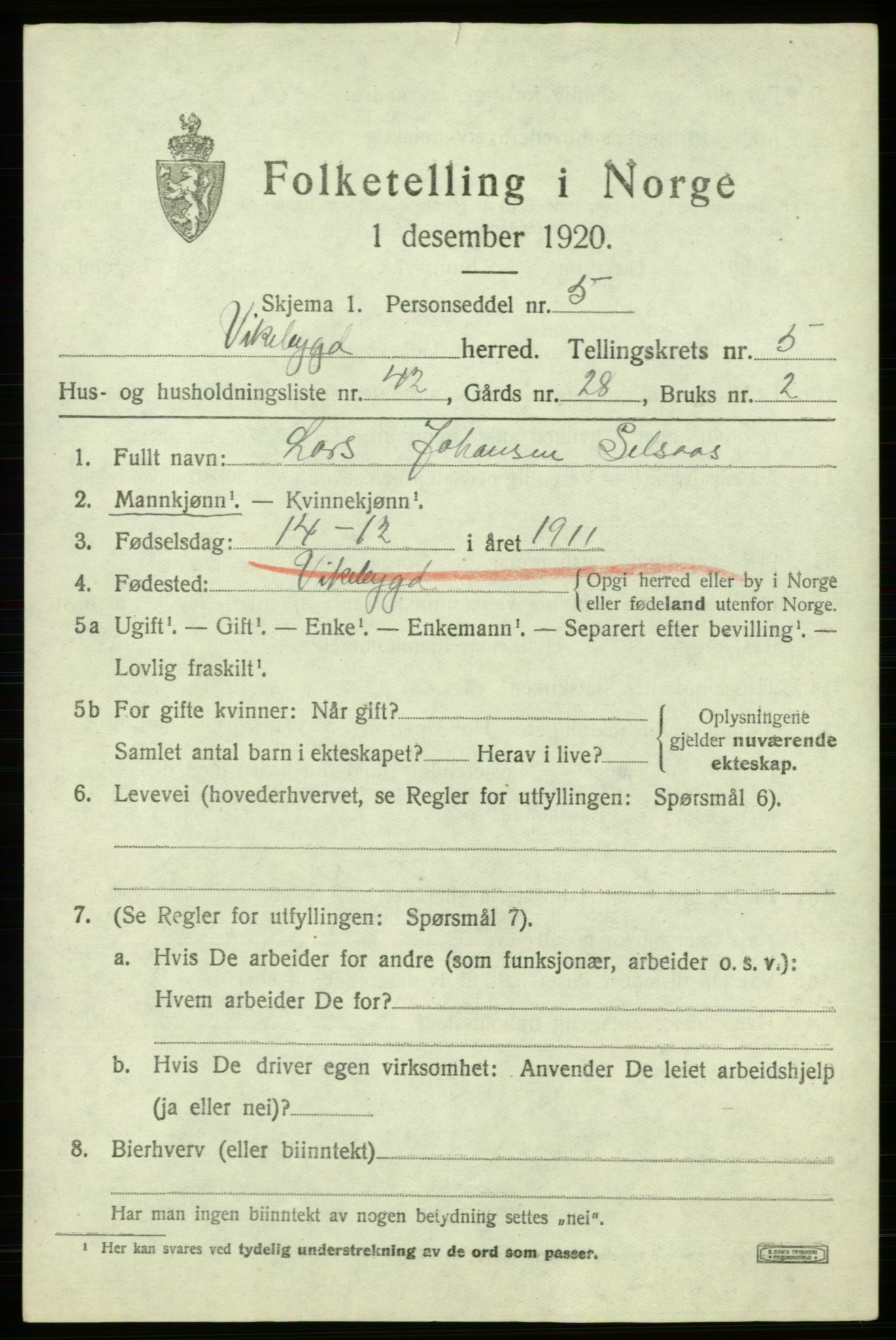 SAB, 1920 census for Vikebygd, 1920, p. 2169