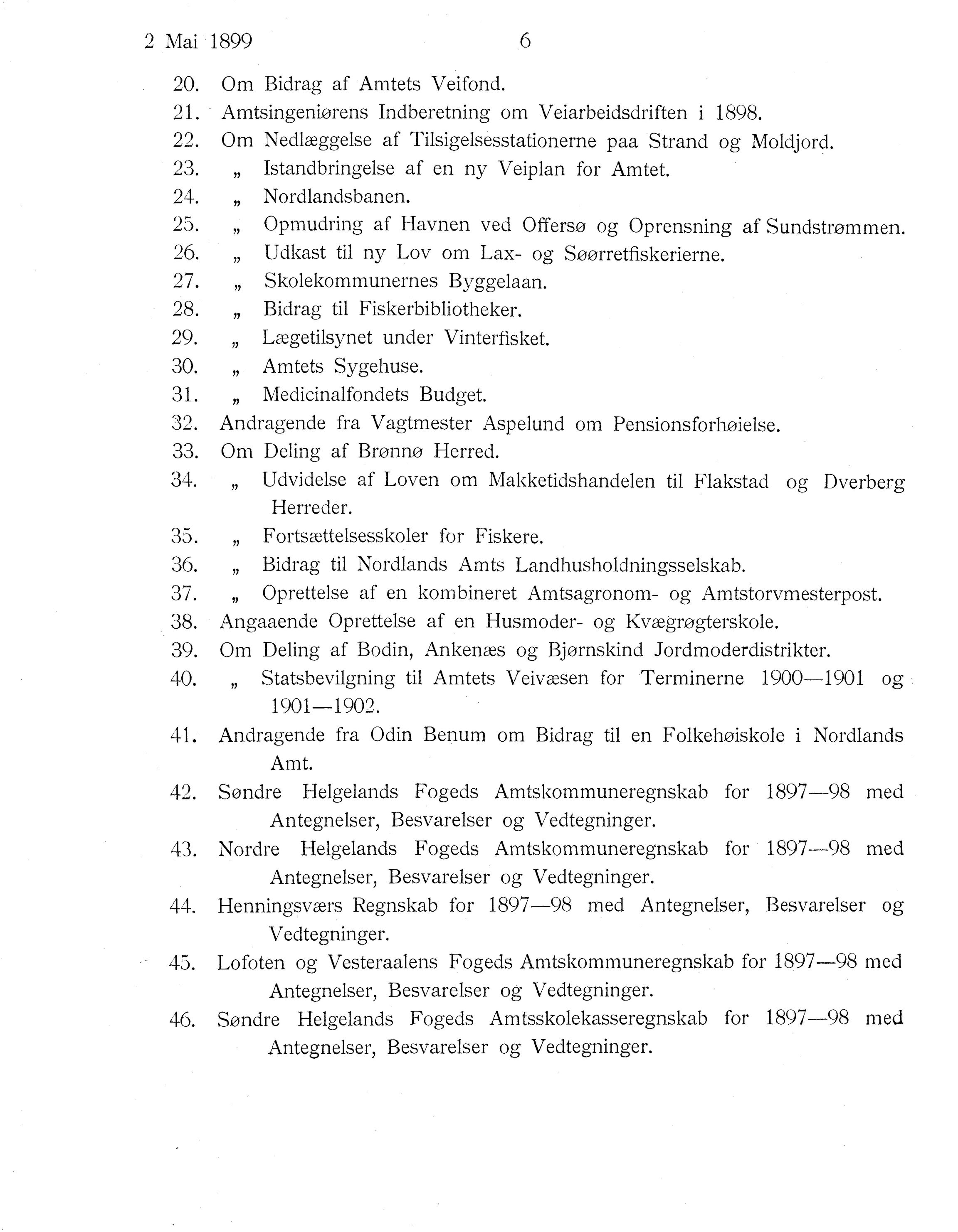 Nordland Fylkeskommune. Fylkestinget, AIN/NFK-17/176/A/Ac/L0022: Fylkestingsforhandlinger 1899, 1899