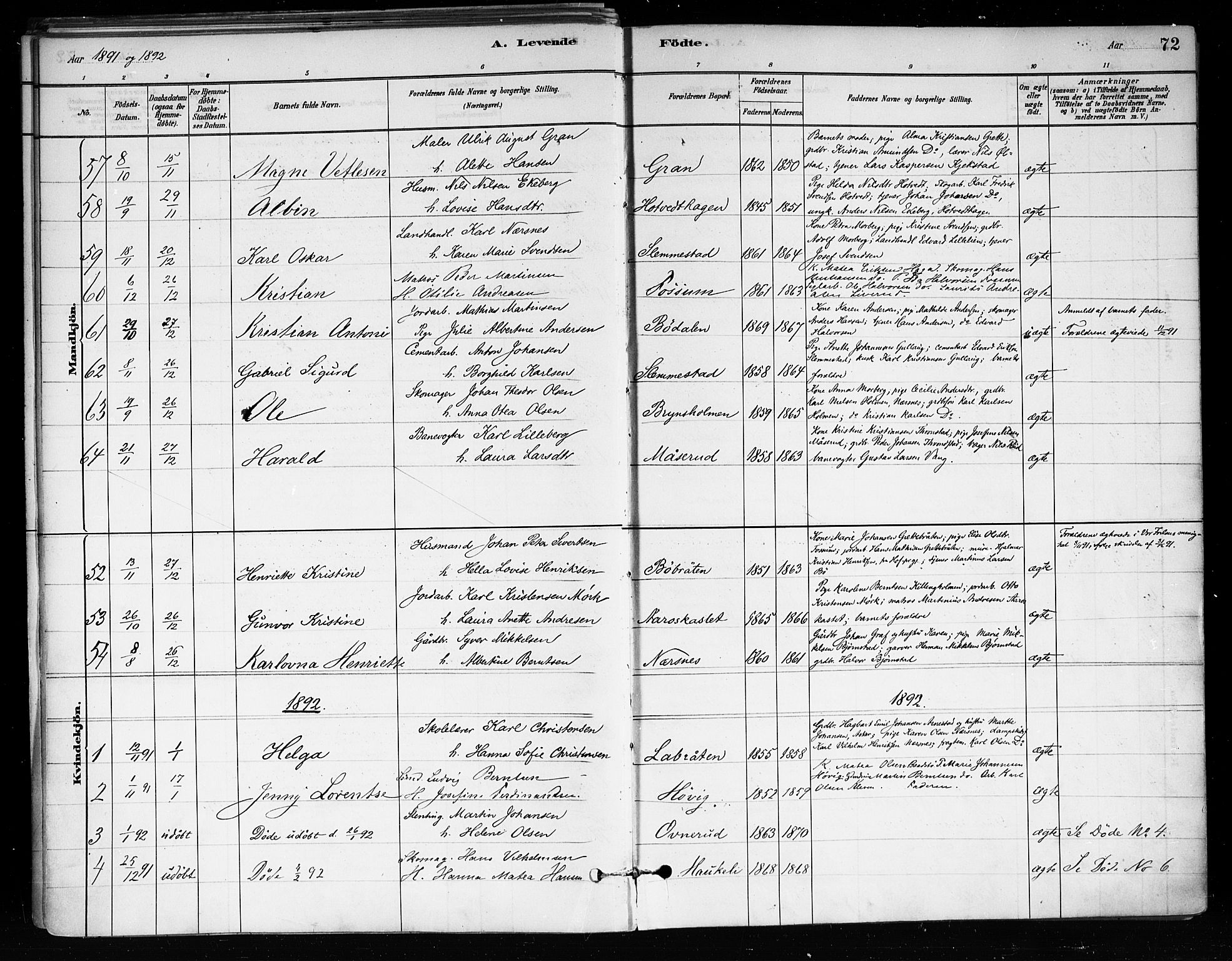 Røyken kirkebøker, AV/SAKO-A-241/F/Fa/L0008: Parish register (official) no. 8, 1880-1897, p. 72