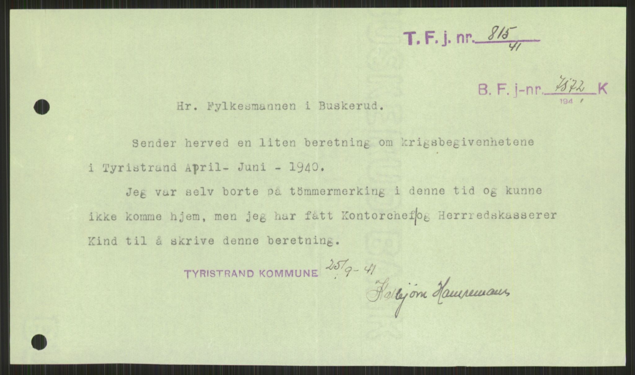 Forsvaret, Forsvarets krigshistoriske avdeling, AV/RA-RAFA-2017/Y/Ya/L0014: II-C-11-31 - Fylkesmenn.  Rapporter om krigsbegivenhetene 1940., 1940, p. 492