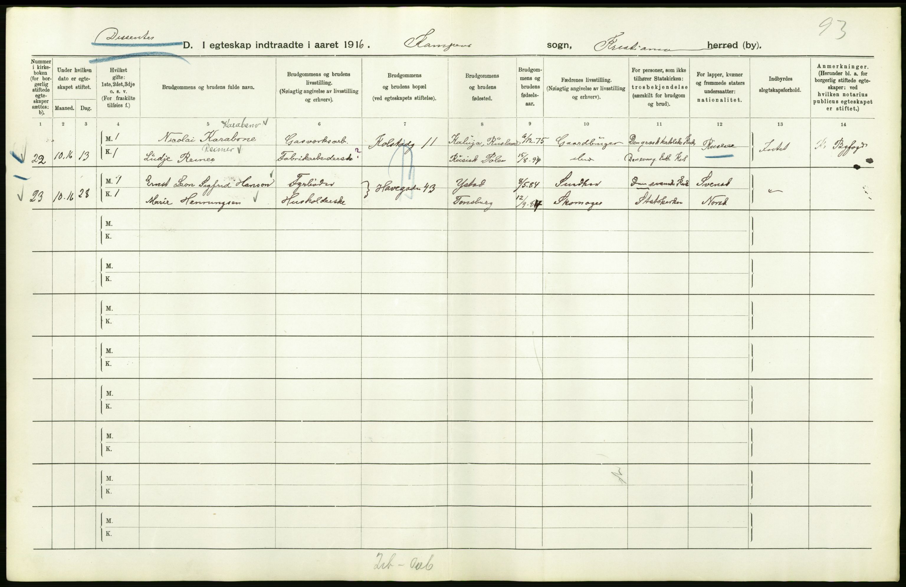 Statistisk sentralbyrå, Sosiodemografiske emner, Befolkning, RA/S-2228/D/Df/Dfb/Dfbf/L0008: Kristiania: Gifte, 1916, p. 714