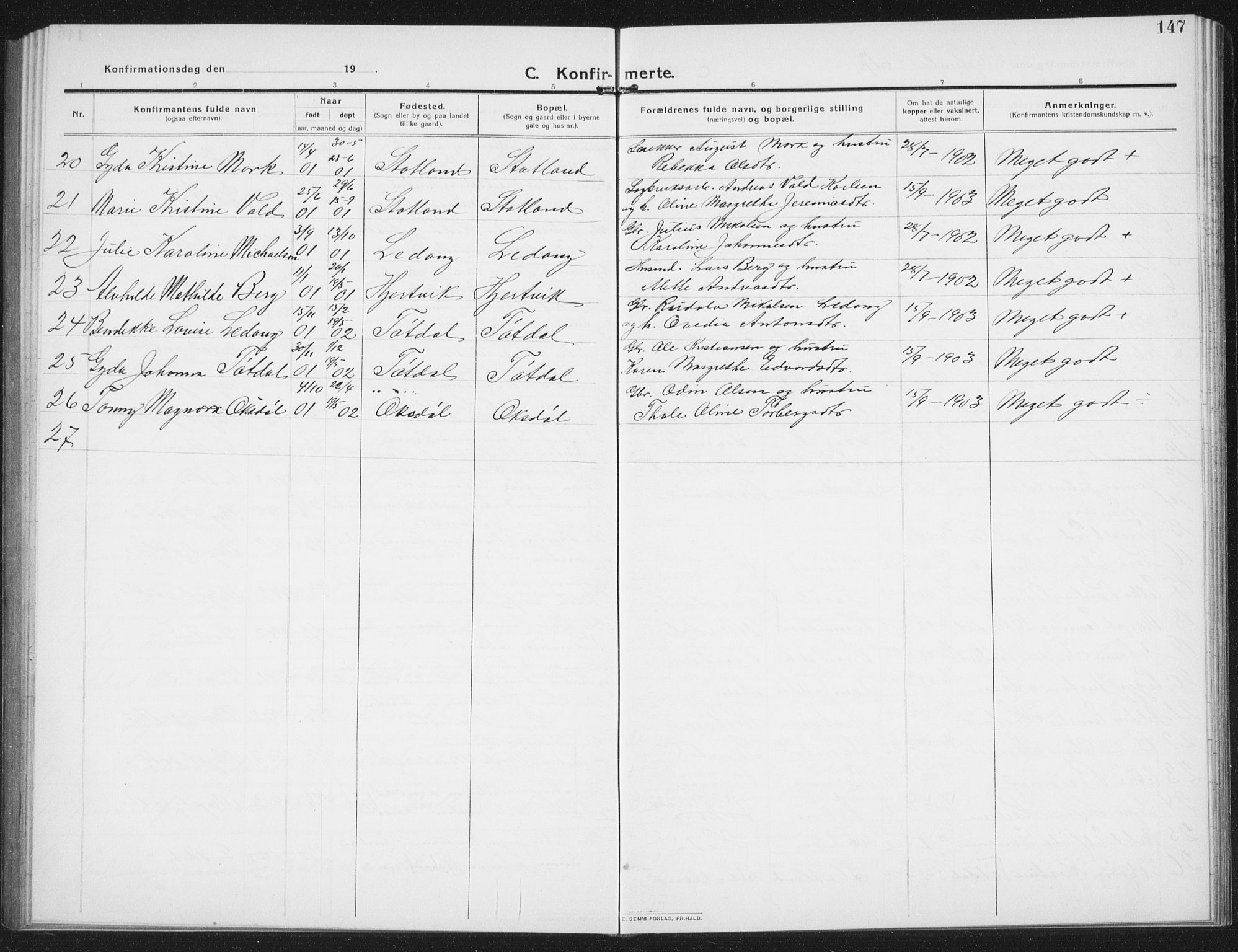 Ministerialprotokoller, klokkerbøker og fødselsregistre - Nord-Trøndelag, AV/SAT-A-1458/774/L0630: Parish register (copy) no. 774C01, 1910-1934, p. 147