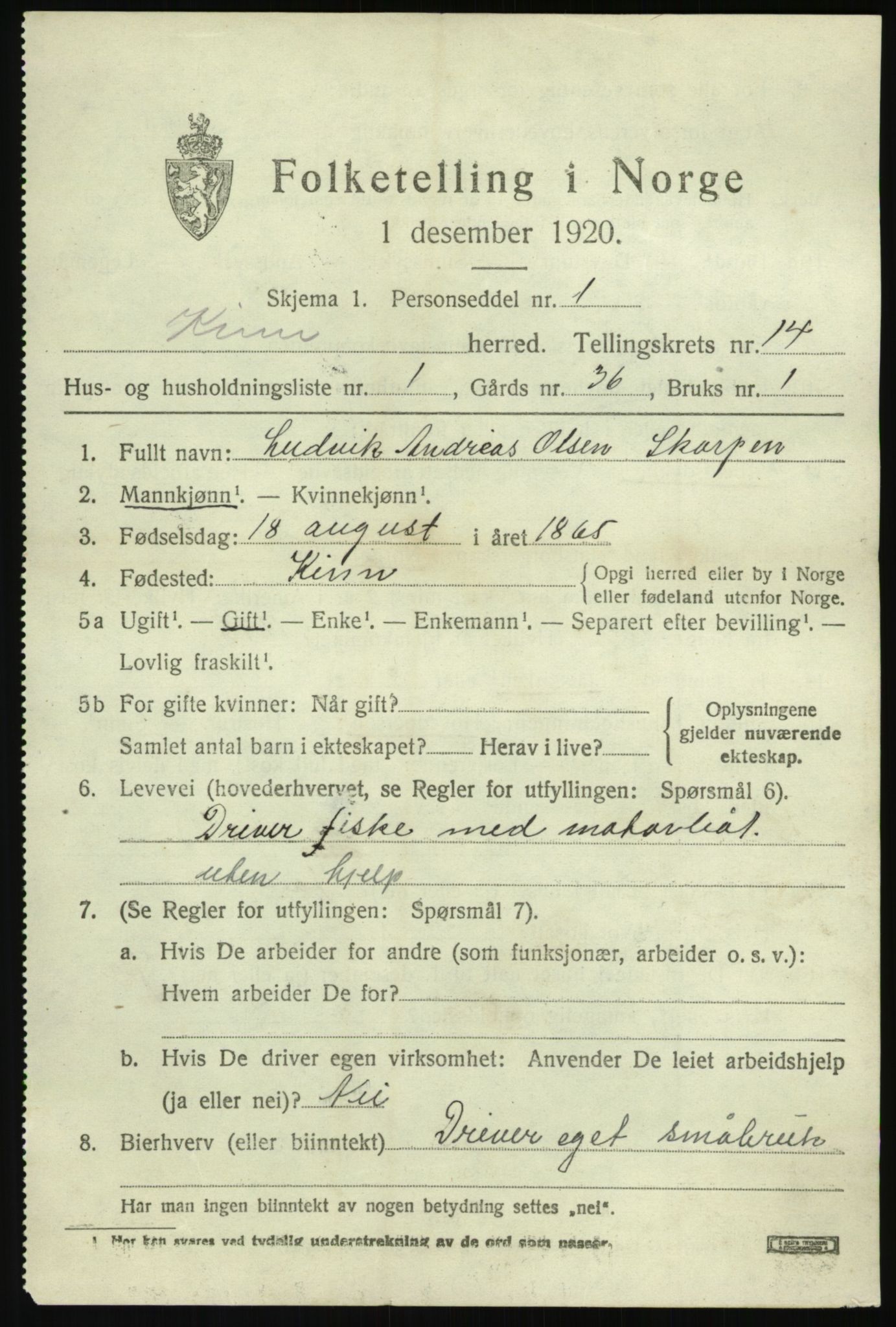 SAB, 1920 census for Kinn, 1920, p. 5117