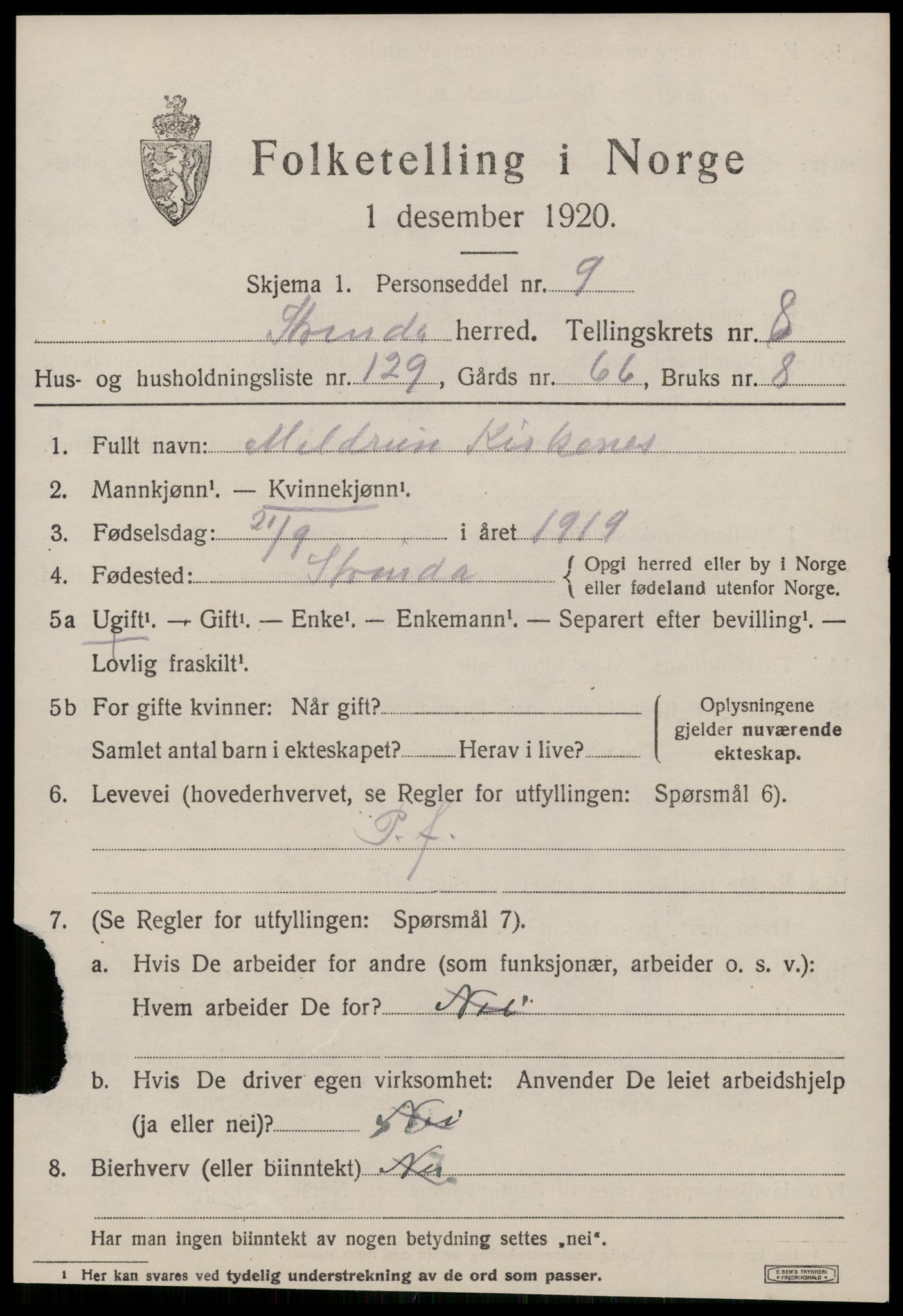 SAT, 1920 census for Strinda, 1920, p. 22210