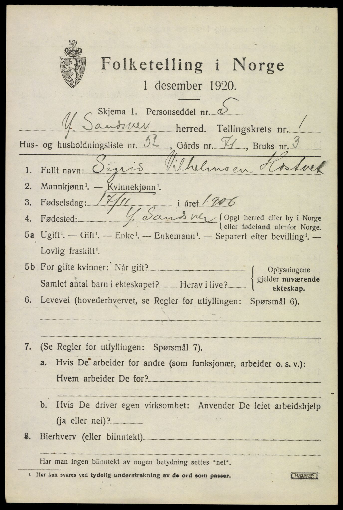 SAKO, 1920 census for Ytre Sandsvær, 1920, p. 1704