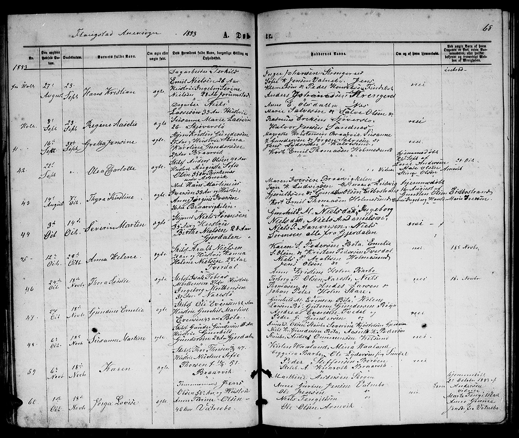 Dypvåg sokneprestkontor, AV/SAK-1111-0007/F/Fb/Fbb/L0003: Parish register (copy) no. B 3, 1872-1886, p. 68