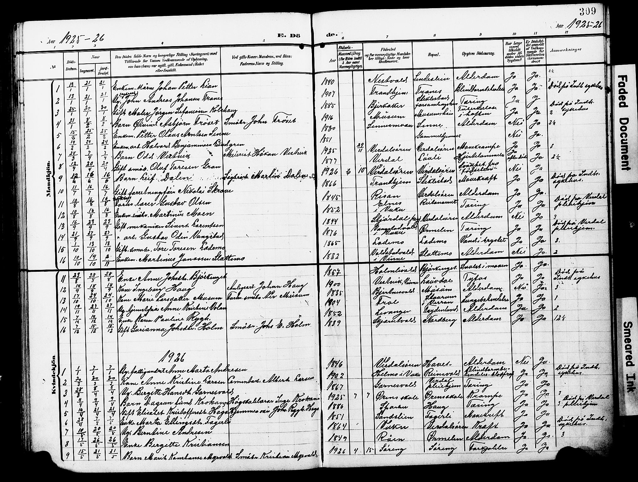 Ministerialprotokoller, klokkerbøker og fødselsregistre - Nord-Trøndelag, AV/SAT-A-1458/723/L0258: Parish register (copy) no. 723C06, 1908-1927, p. 309