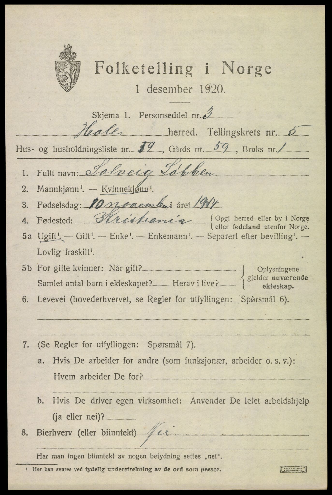 SAKO, 1920 census for Hole, 1920, p. 3533