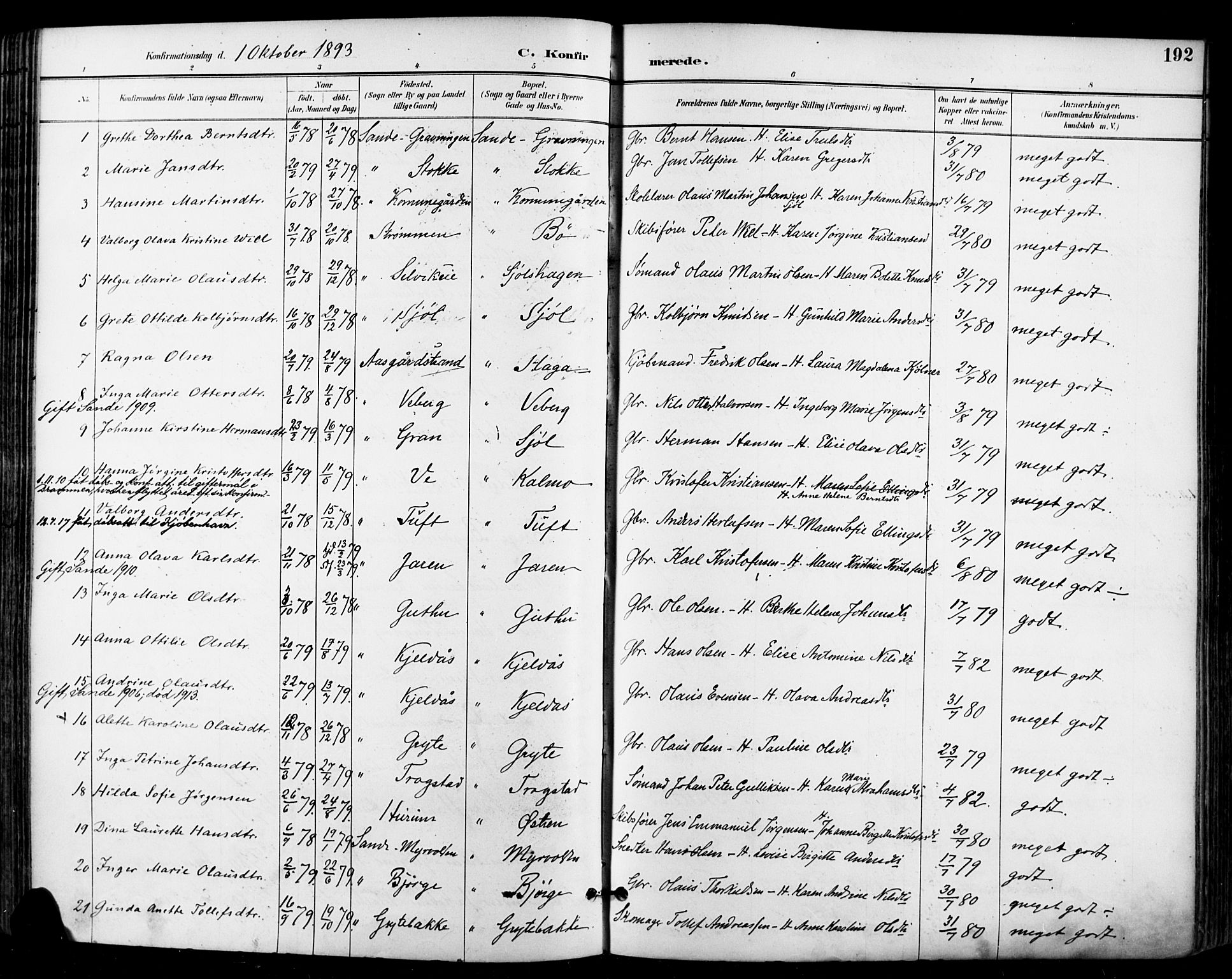 Sande Kirkebøker, AV/SAKO-A-53/F/Fa/L0007: Parish register (official) no. 7, 1888-1903, p. 192