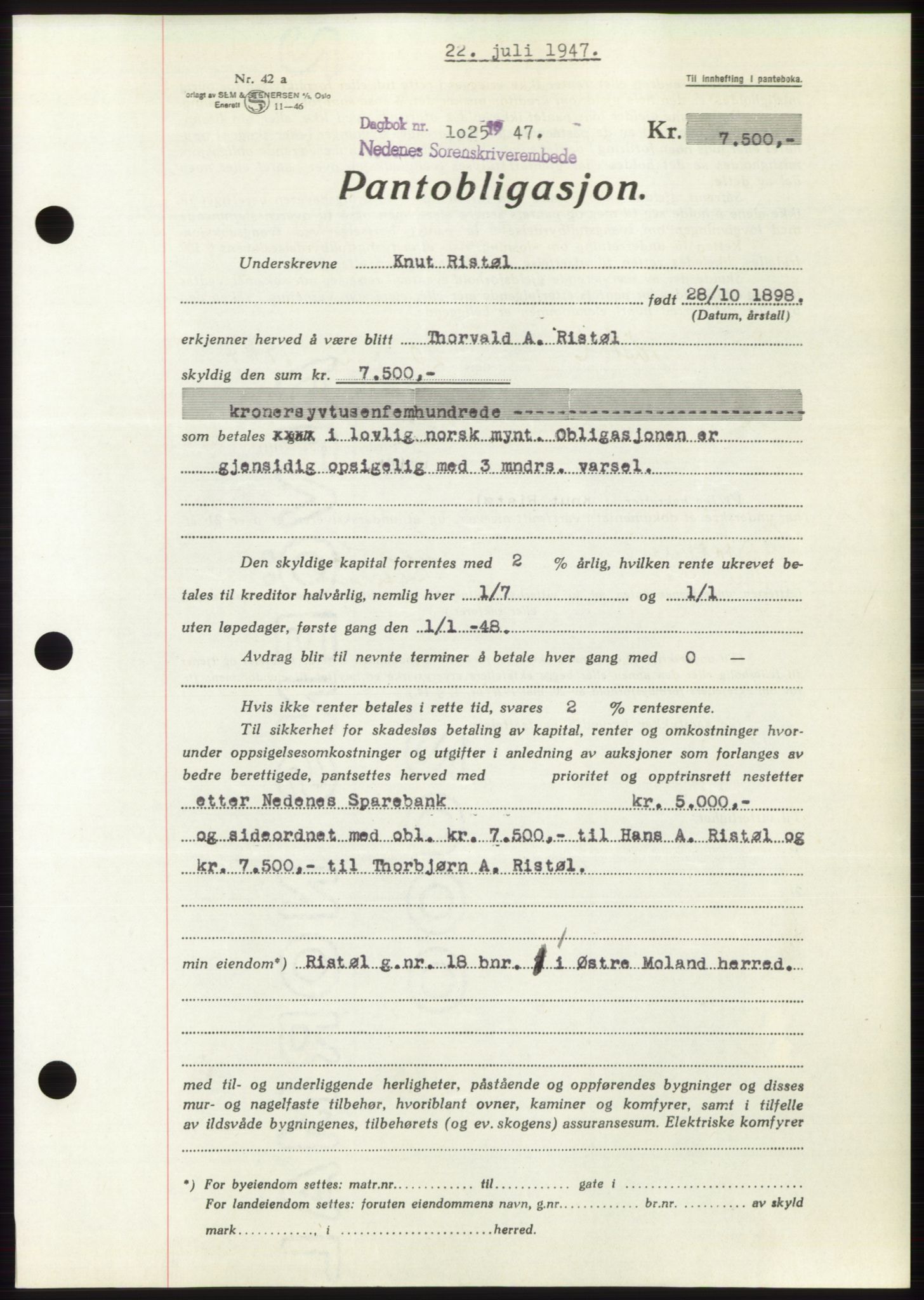 Nedenes sorenskriveri, AV/SAK-1221-0006/G/Gb/Gbb/L0004: Mortgage book no. B4, 1947-1947, Diary no: : 1025/1947