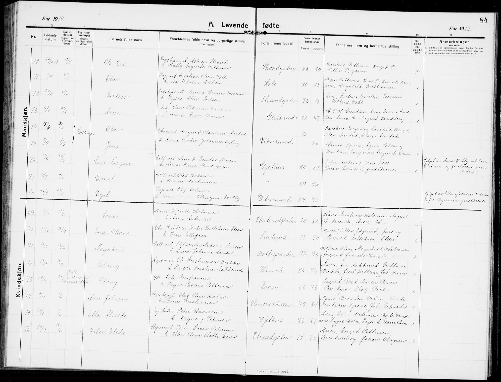 Modum kirkebøker, AV/SAKO-A-234/G/Ga/L0009: Parish register (copy) no. I 9, 1909-1923, p. 84