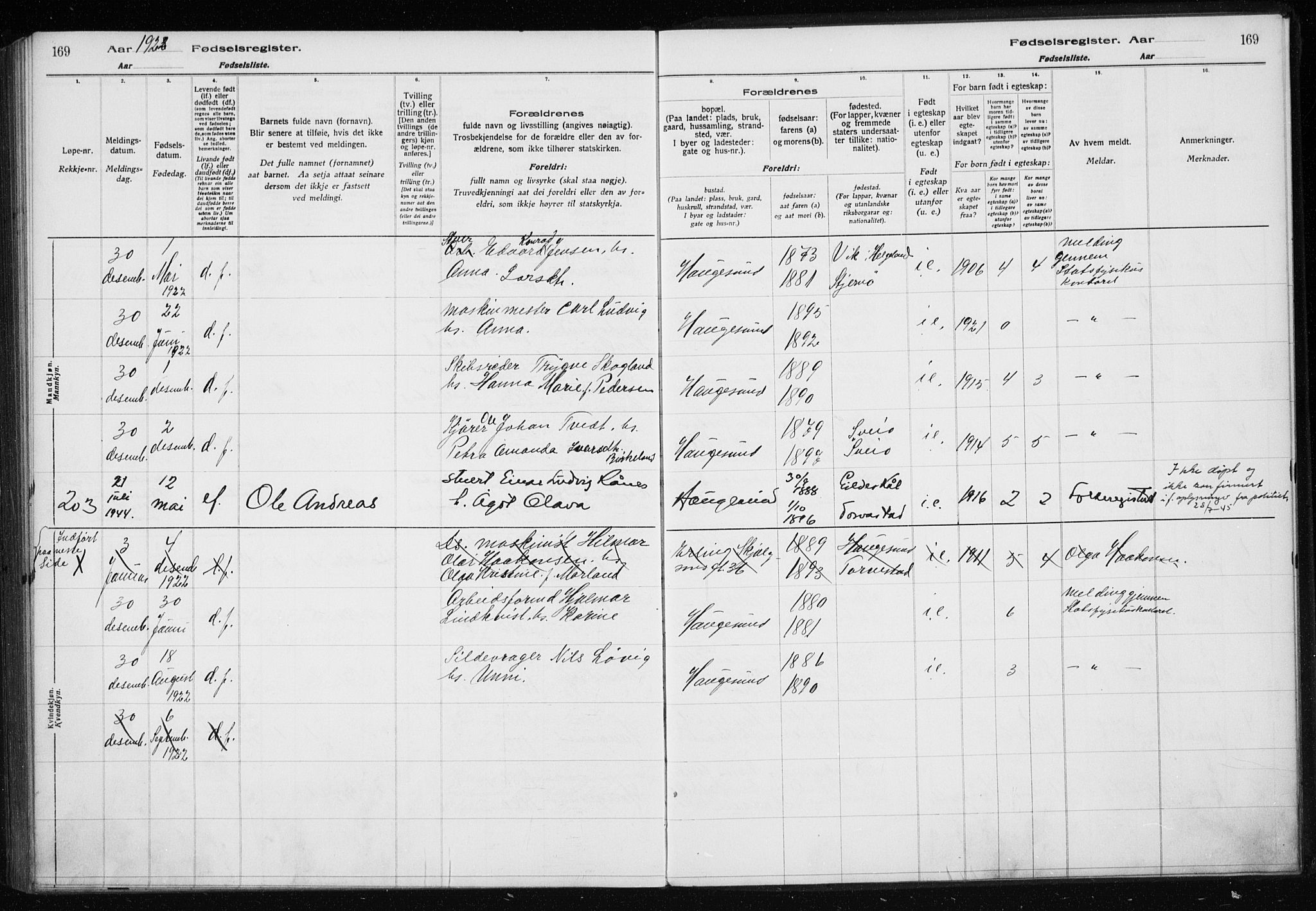 Haugesund sokneprestkontor, AV/SAST-A -101863/I/Id/L0004: Birth register no. 2, 1919-1923, p. 169