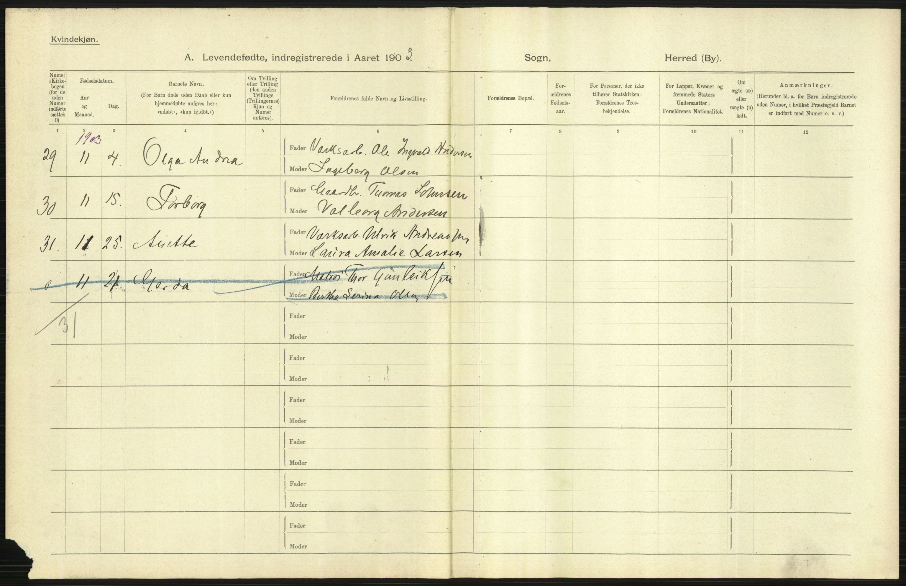 Statistisk sentralbyrå, Sosiodemografiske emner, Befolkning, AV/RA-S-2228/D/Df/Dfa/Dfaa/L0010: Nedenes amt: Fødte, gifte, døde, 1903, p. 59