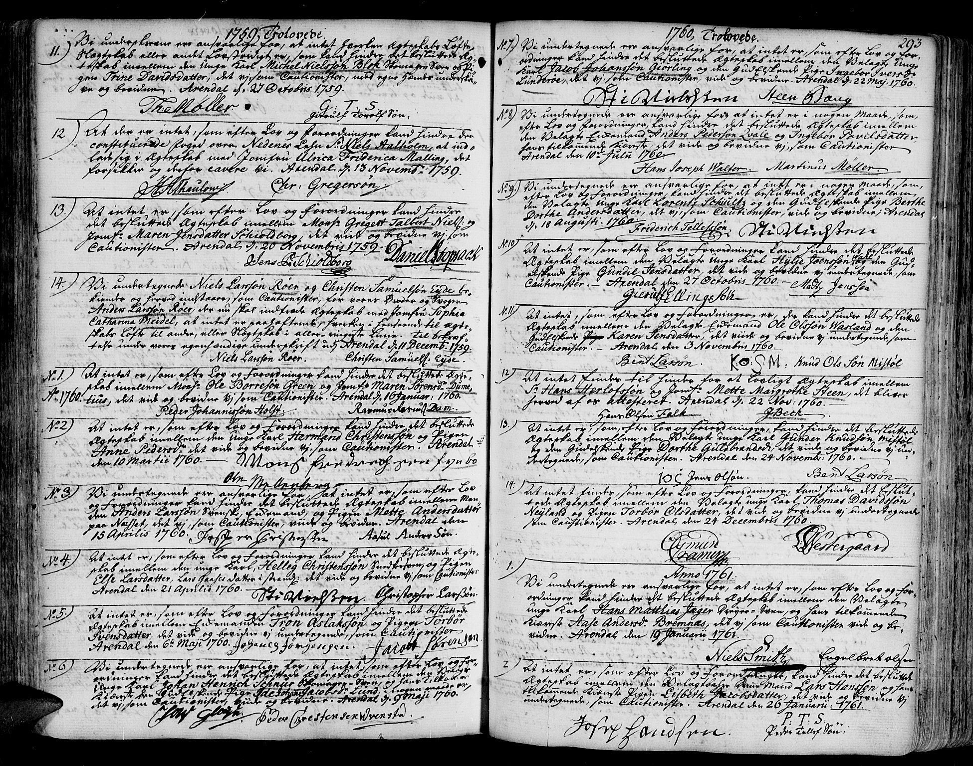 Arendal sokneprestkontor, Trefoldighet, SAK/1111-0040/F/Fa/L0001: Parish register (official) no. A 1, 1703-1815, p. 293