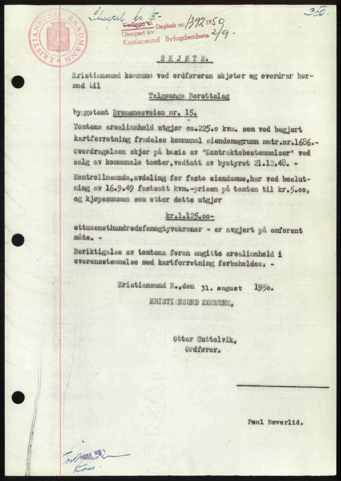 Kristiansund byfogd, AV/SAT-A-4587/A/27: Mortgage book no. 46, 1949-1950, Diary no: : 1392/1950