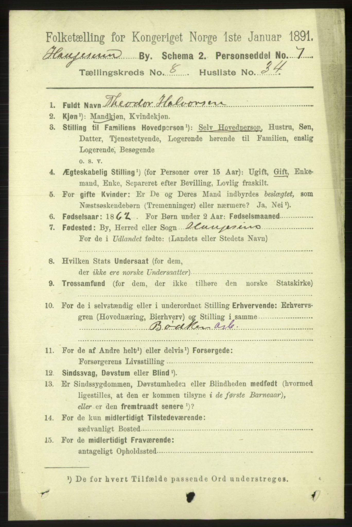 RA, 1891 census for 1106 Haugesund, 1891, p. 3724