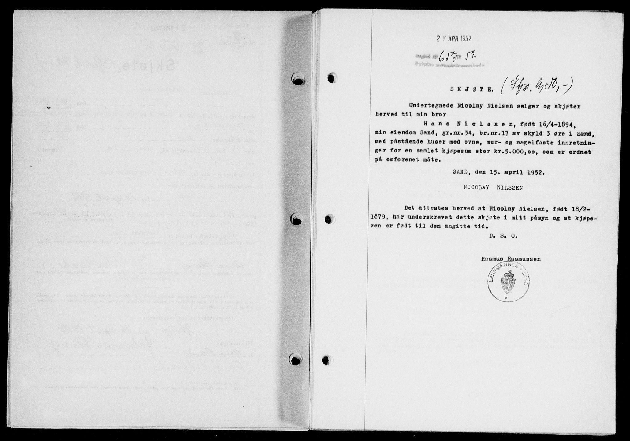 Ryfylke tingrett, SAST/A-100055/001/II/IIB/L0116: Mortgage book no. 95, 1951-1952, Diary no: : 657/1952