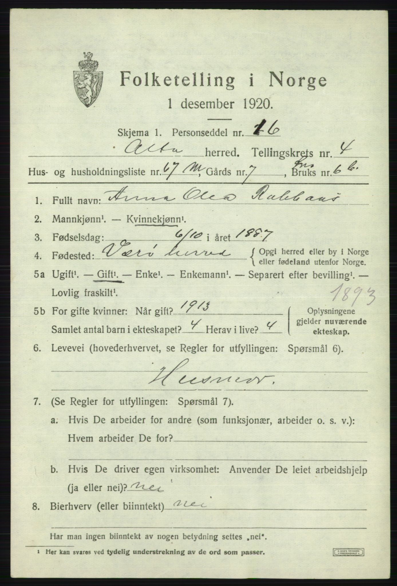 SATØ, 1920 census for Alta, 1920, p. 3299