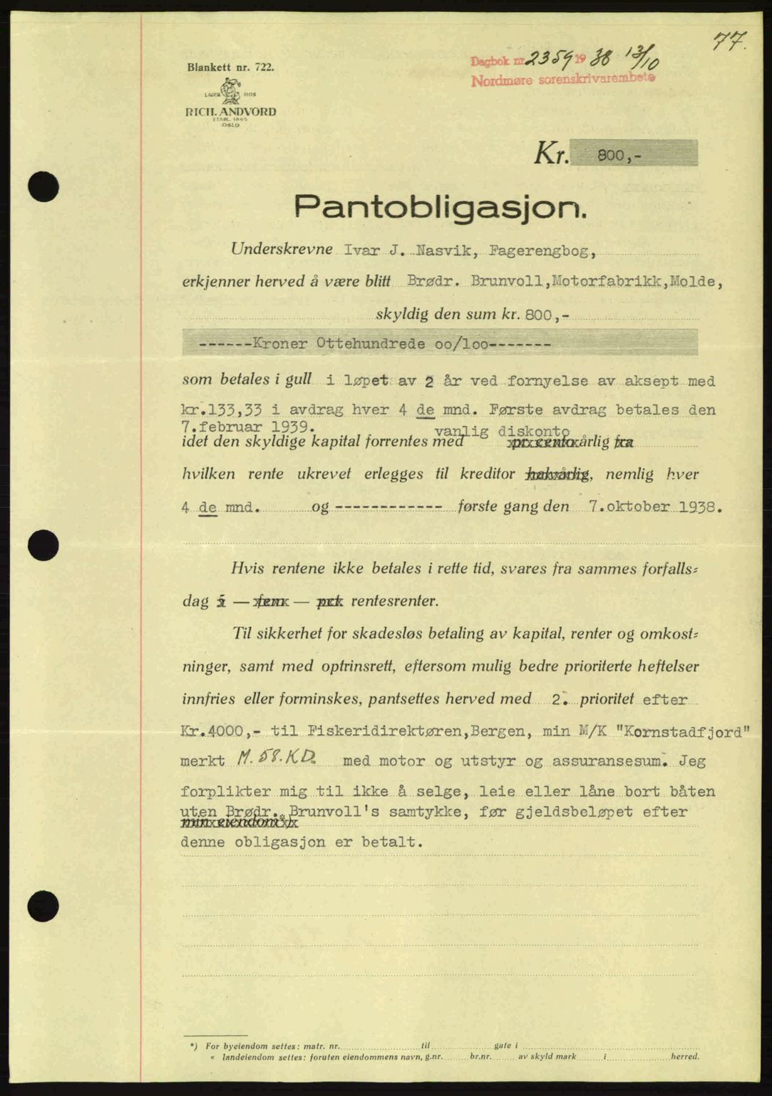 Nordmøre sorenskriveri, SAT/A-4132/1/2/2Ca: Mortgage book no. B84, 1938-1939, Diary no: : 2359/1938