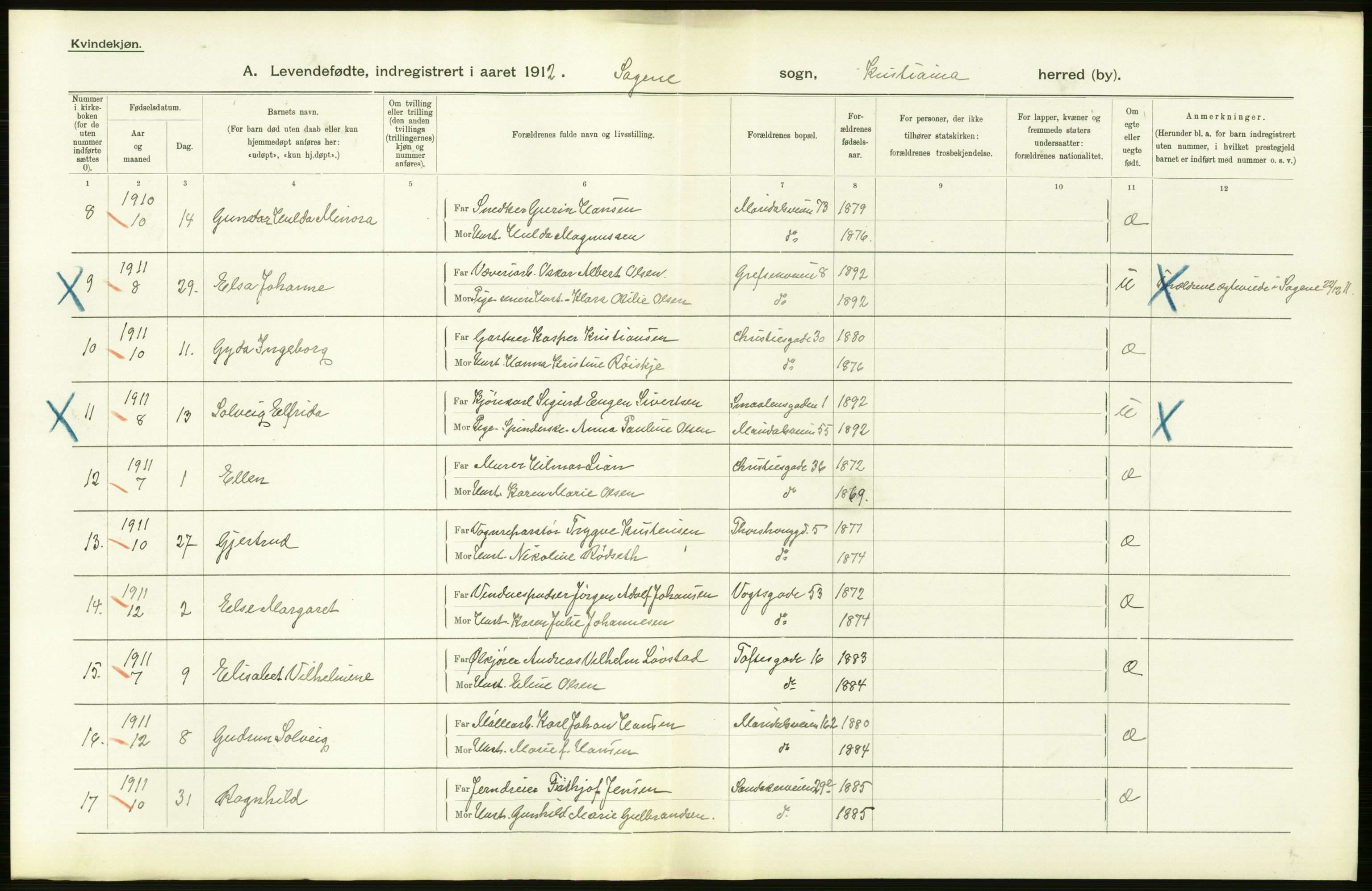 Statistisk sentralbyrå, Sosiodemografiske emner, Befolkning, RA/S-2228/D/Df/Dfb/Dfbb/L0007: Kristiania:  Levendefødte menn og kvinner., 1912, p. 430