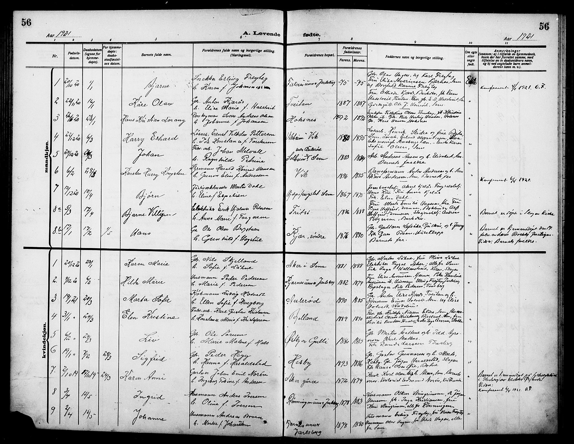 Sem kirkebøker, AV/SAKO-A-5/G/Ga/L0007: Parish register (copy) no. I 7, 1909-1924, p. 56