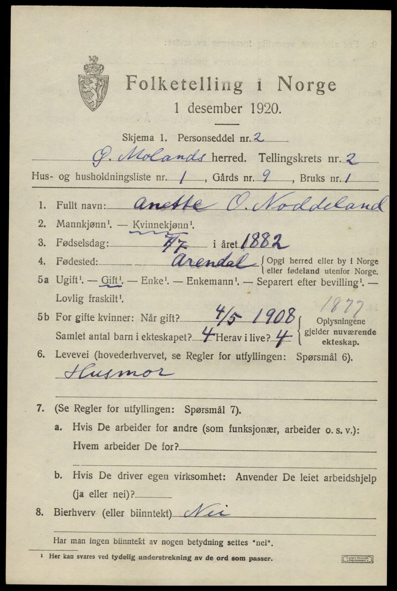 SAK, 1920 census for Austre Moland, 1920, p. 1247