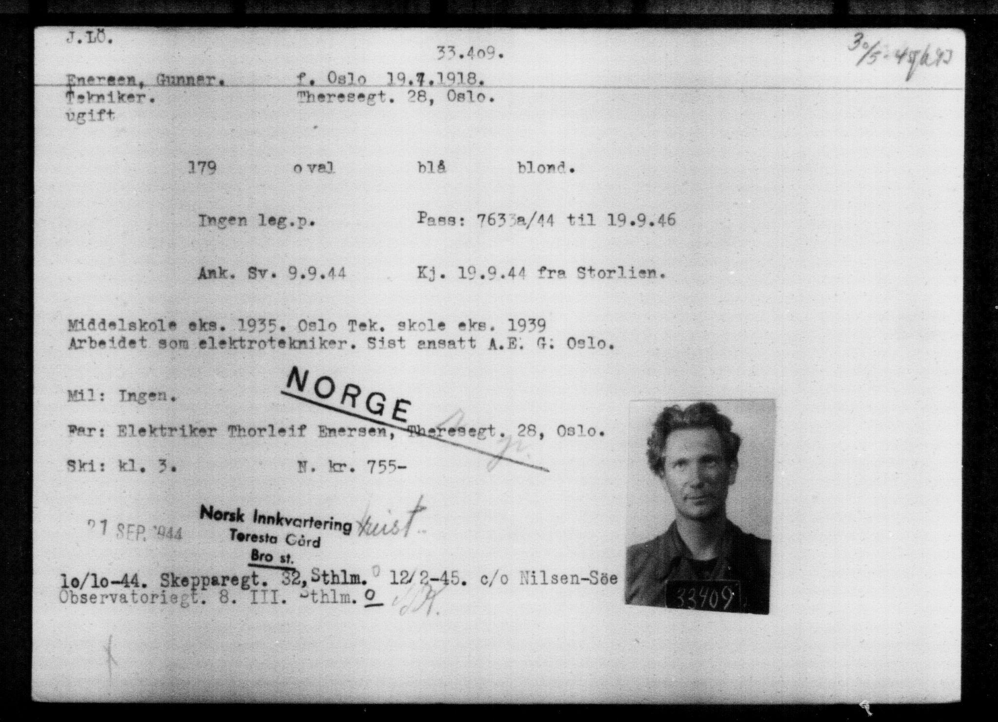Utenriksstasjonene, Legasjonen i Stockholm, Flyktningkontoret, AV/RA-S-6753/V/Va/L0013: Kjesäterkartoteket, flyktninger med registreringsnr. 31500-34731, 1940-1945, p. 2011