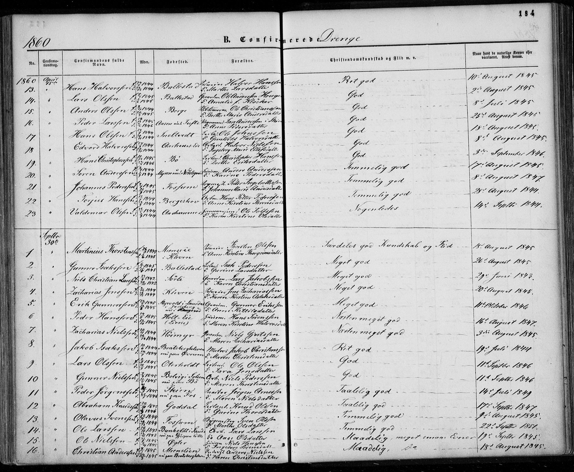 Gjerpen kirkebøker, SAKO/A-265/F/Fa/L0008a: Parish register (official) no. I 8A, 1857-1871, p. 184