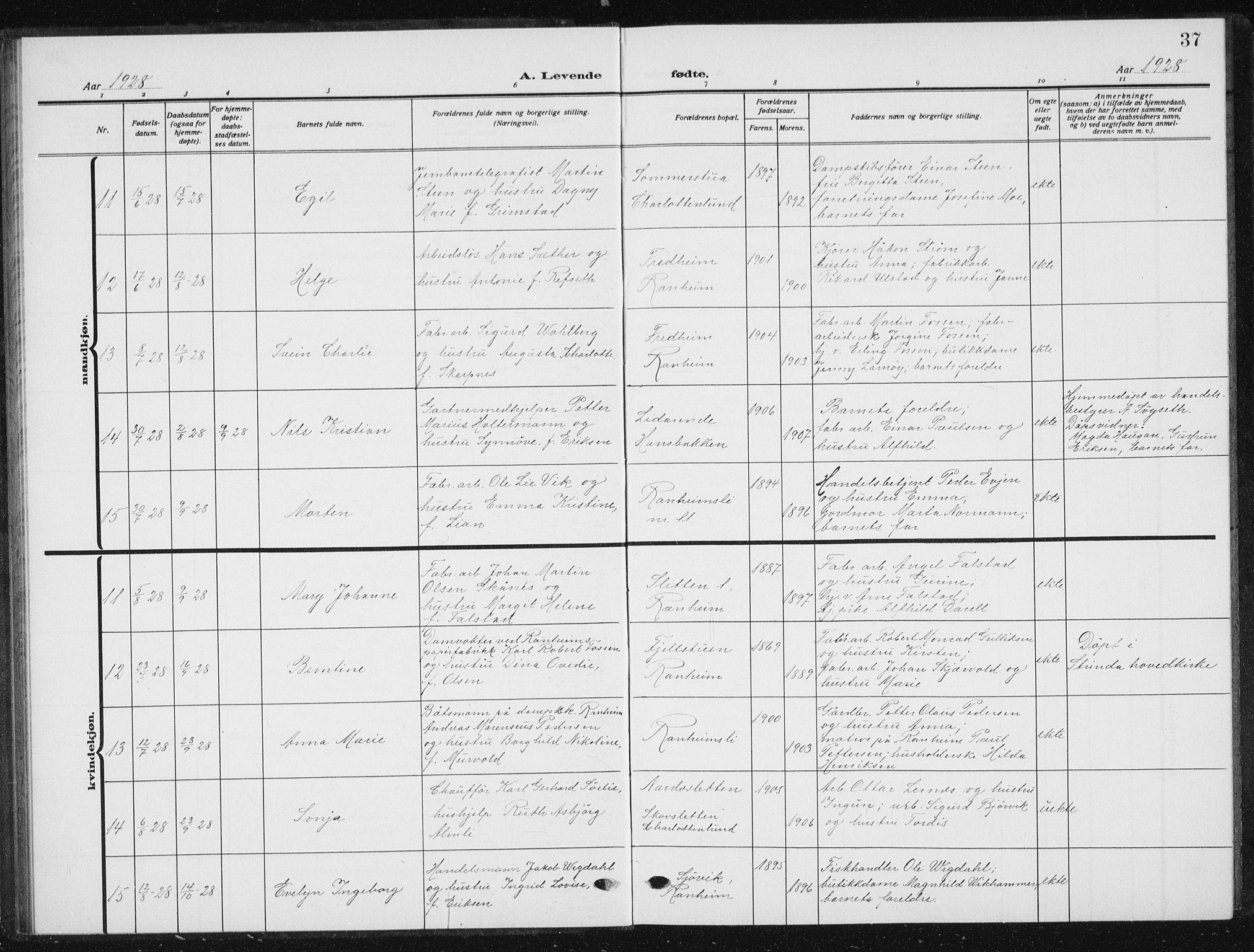 Ministerialprotokoller, klokkerbøker og fødselsregistre - Sør-Trøndelag, SAT/A-1456/615/L0401: Parish register (copy) no. 615C02, 1922-1941, p. 37