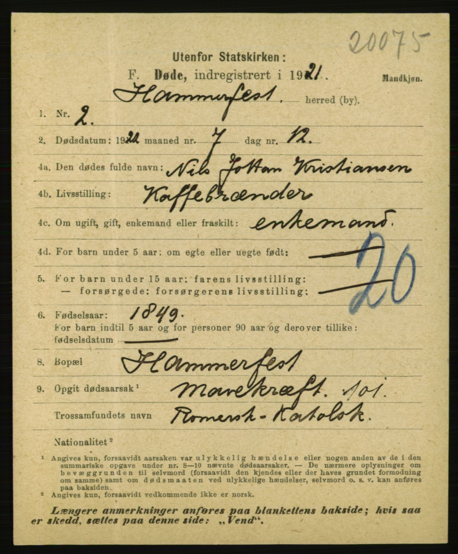 Statistisk sentralbyrå, Sosiodemografiske emner, Befolkning, AV/RA-S-2228/E/L0019: Fødte, gifte, døde dissentere., 1921, p. 3967