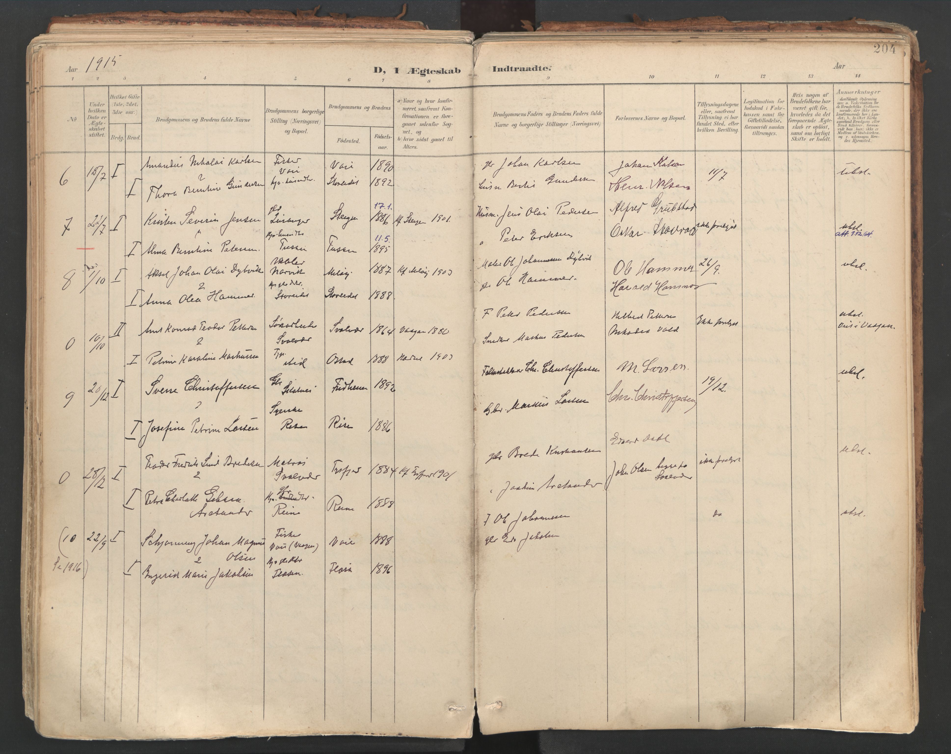 Ministerialprotokoller, klokkerbøker og fødselsregistre - Nordland, AV/SAT-A-1459/881/L1154: Parish register (official) no. 881A07, 1907-1918, p. 204