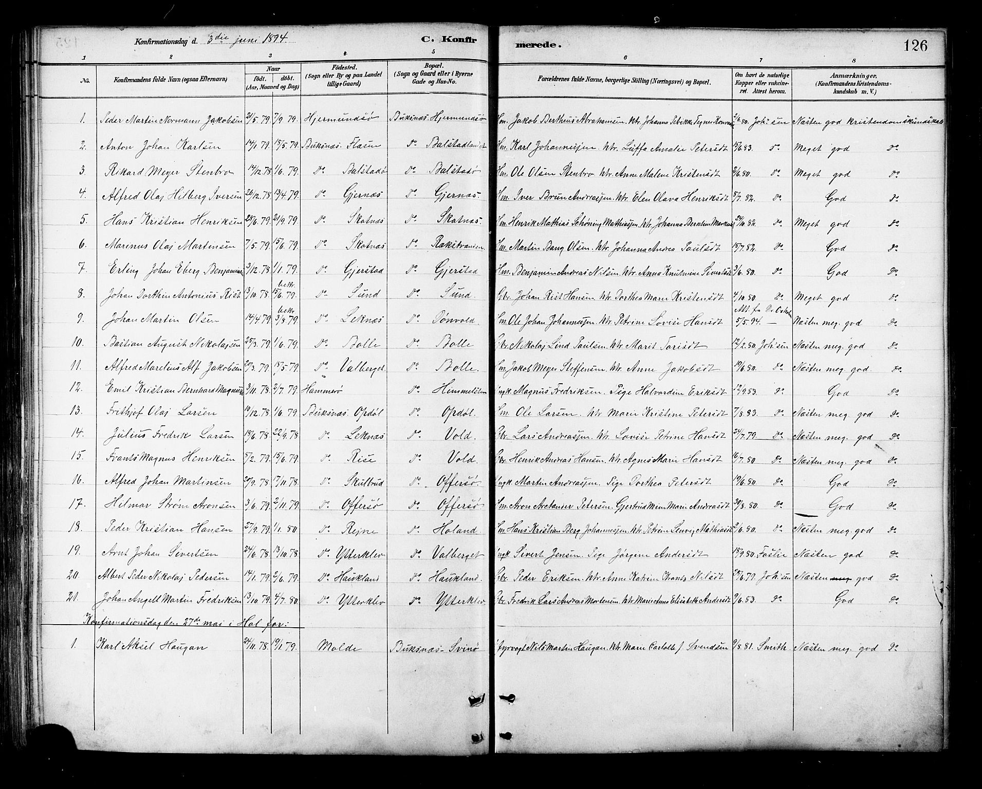 Ministerialprotokoller, klokkerbøker og fødselsregistre - Nordland, SAT/A-1459/881/L1167: Parish register (copy) no. 881C04, 1886-1899, p. 126