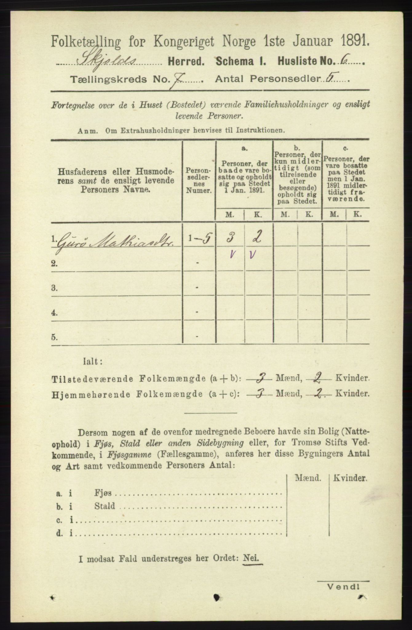 RA, 1891 census for 1154 Skjold, 1891, p. 1309