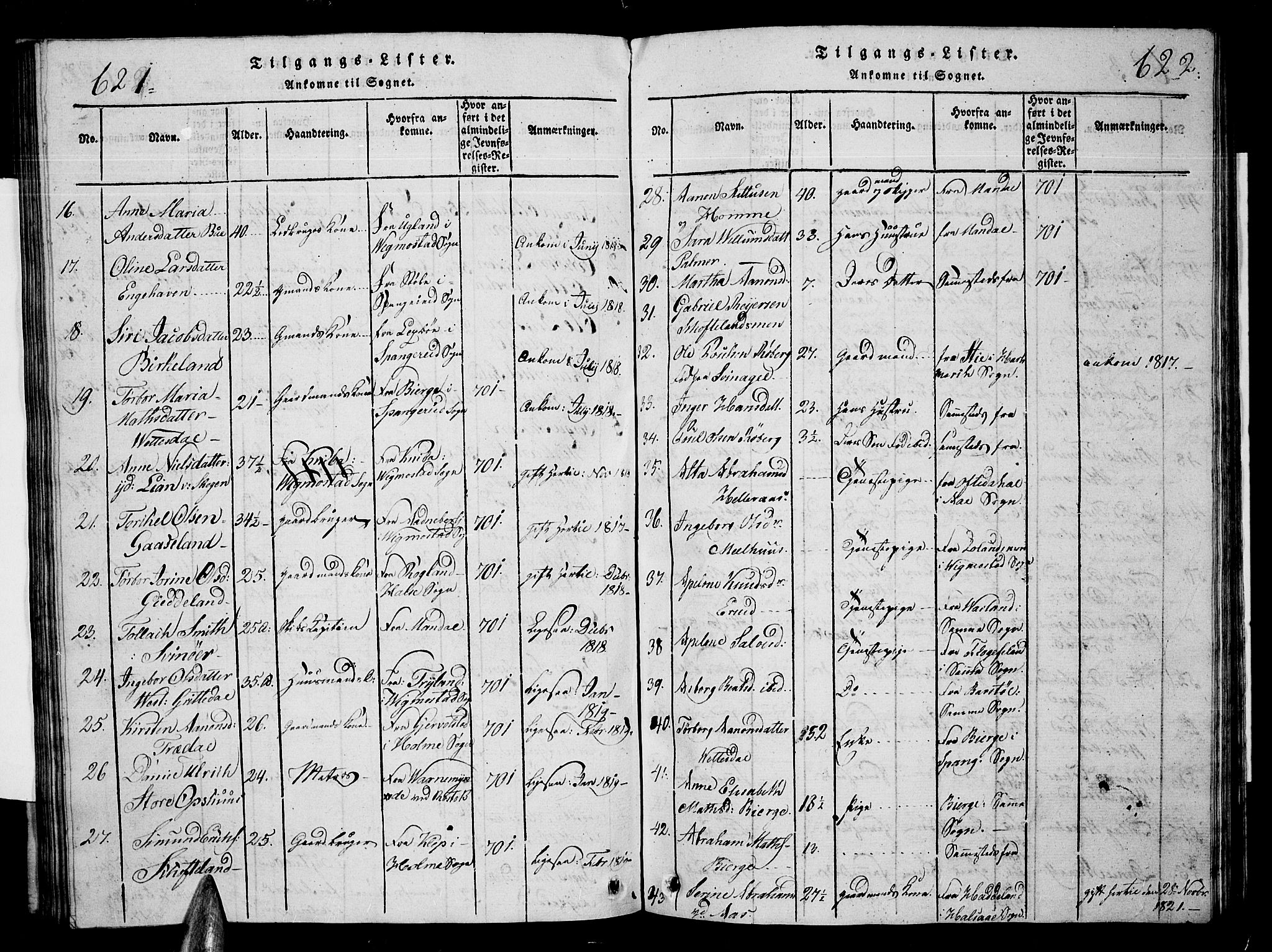 Sør-Audnedal sokneprestkontor, AV/SAK-1111-0039/F/Fb/Fbb/L0001: Parish register (copy) no. B 1, 1815-1827, p. 621-622