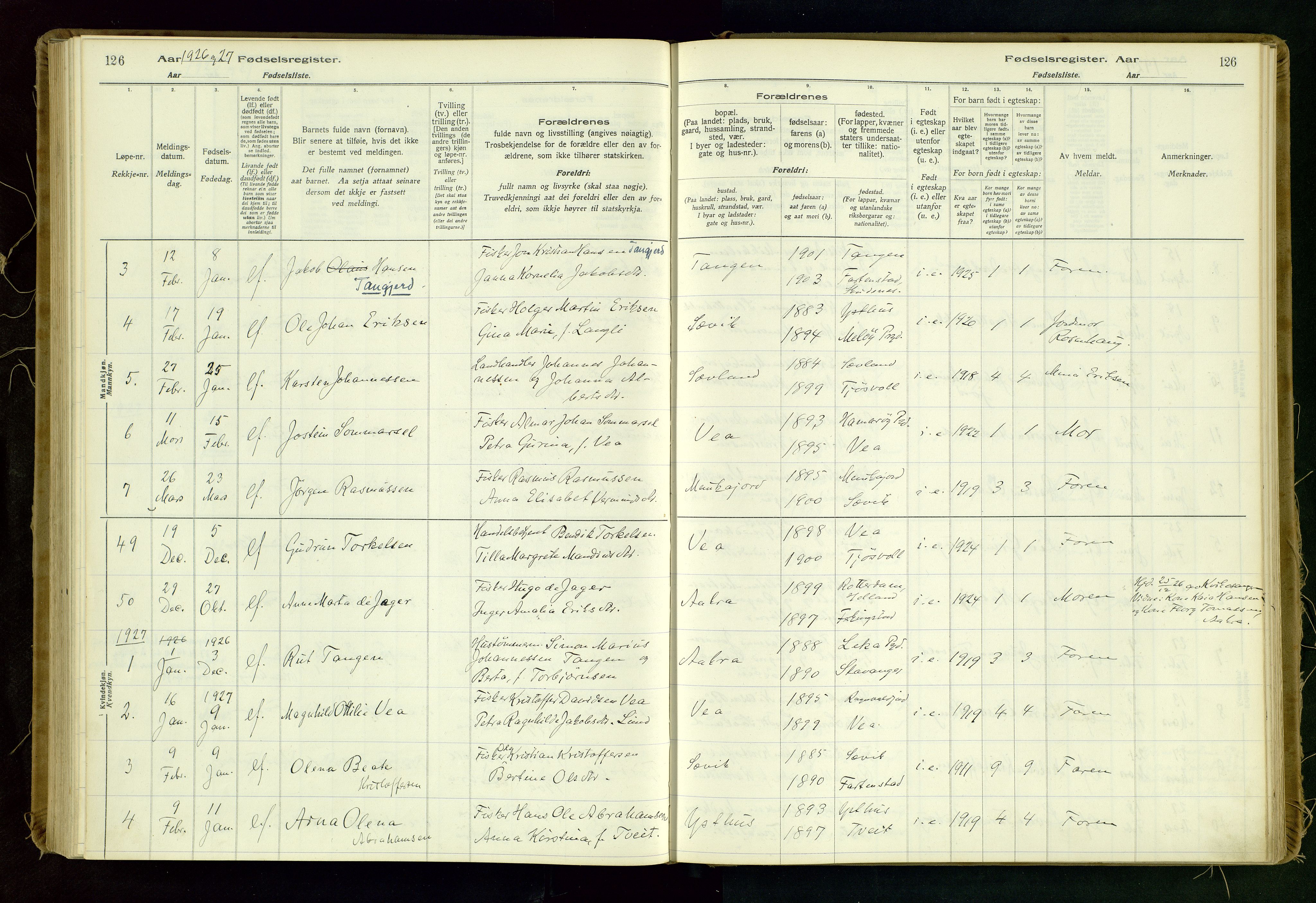 Kopervik sokneprestkontor, AV/SAST-A-101850/I/Id/L0006: Birth register no. 6, 1916-1934, p. 126