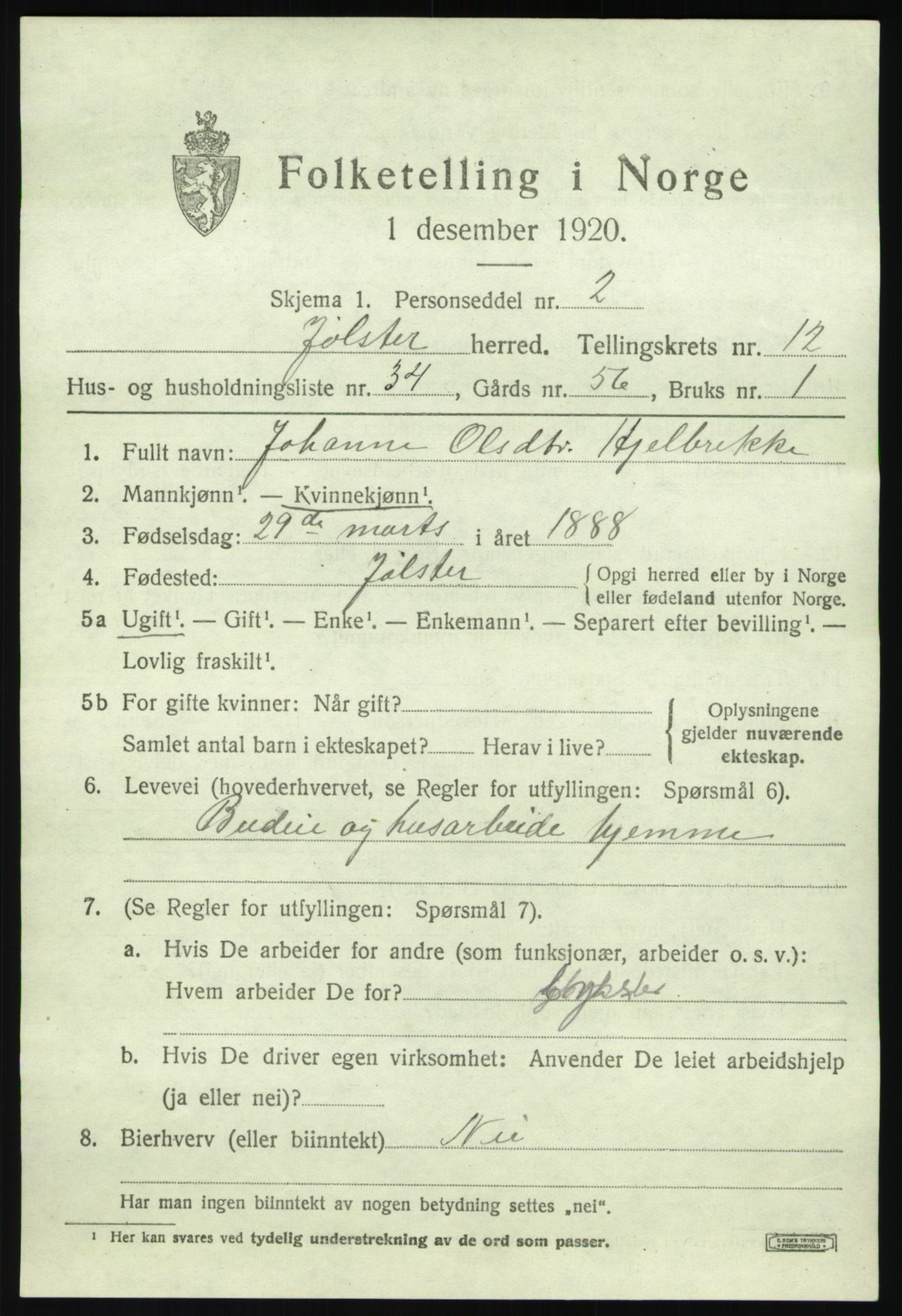 SAB, 1920 census for Jølster, 1920, p. 5938