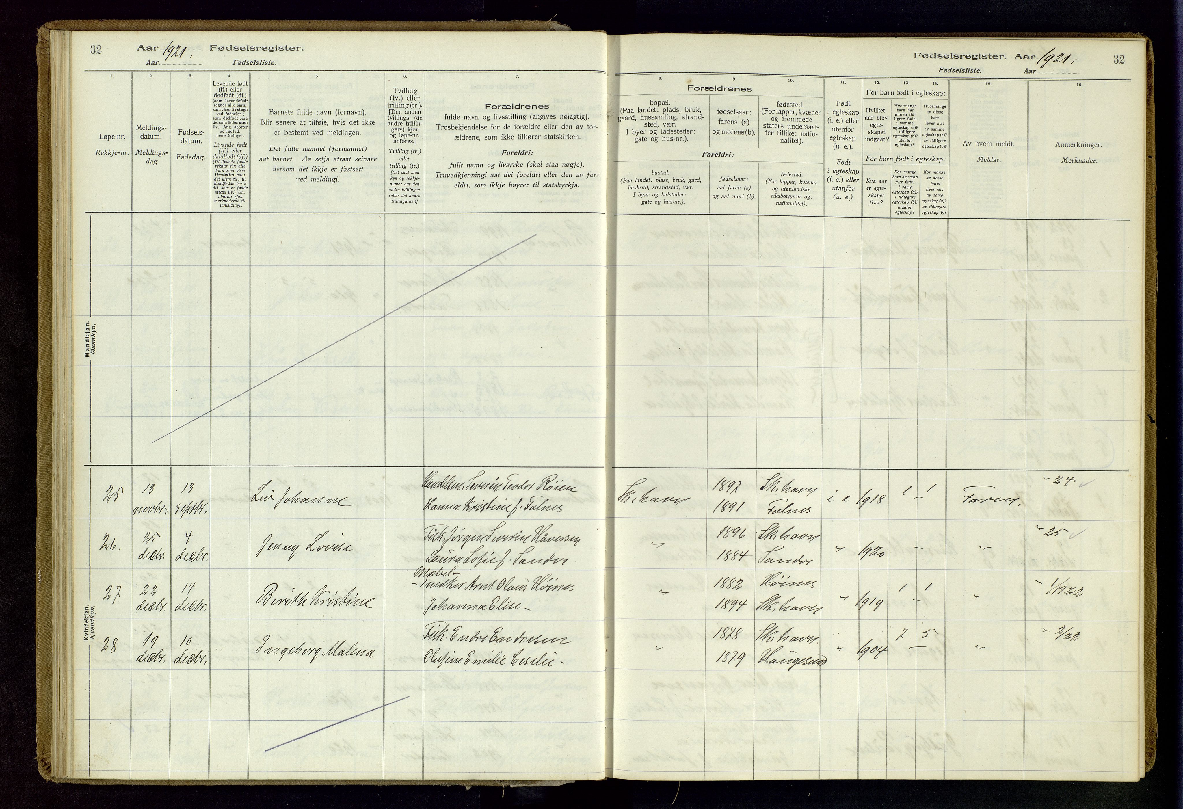 Skudenes sokneprestkontor, AV/SAST-A -101849/I/Id/L0003: Birth register no. 3, 1916-1964, p. 32