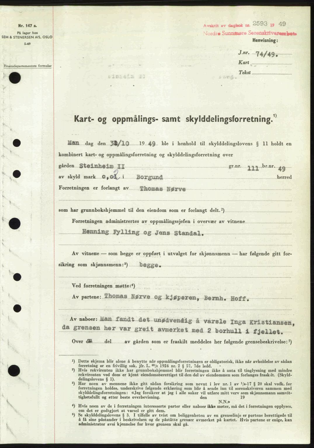 Nordre Sunnmøre sorenskriveri, AV/SAT-A-0006/1/2/2C/2Ca: Mortgage book no. A32, 1949-1949, Diary no: : 2593/1949