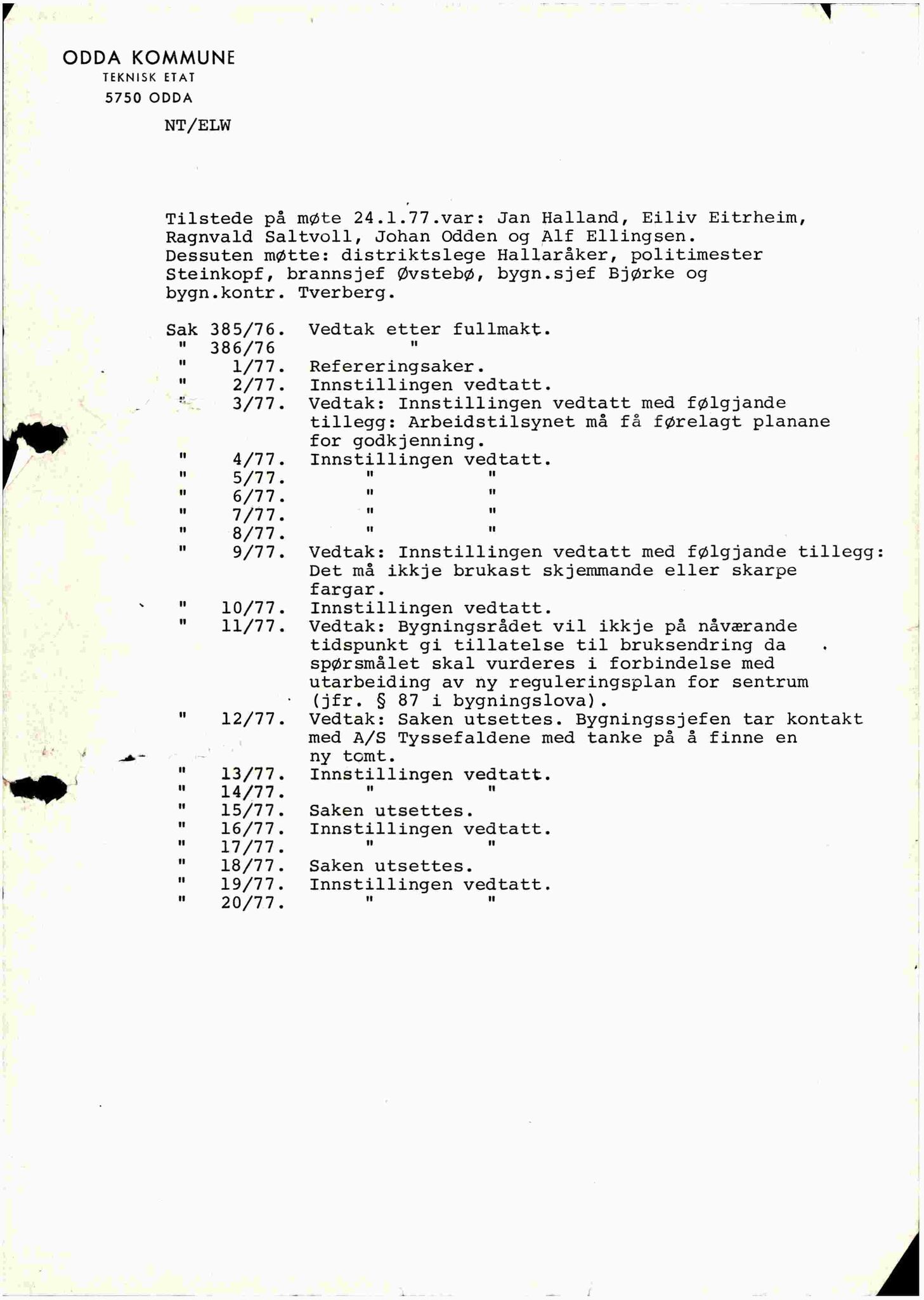 Odda kommune. Bygningsrådet, IKAH/1228-511/A/Aa/L0007: Møtebok for Odda bygningsråd, 1977