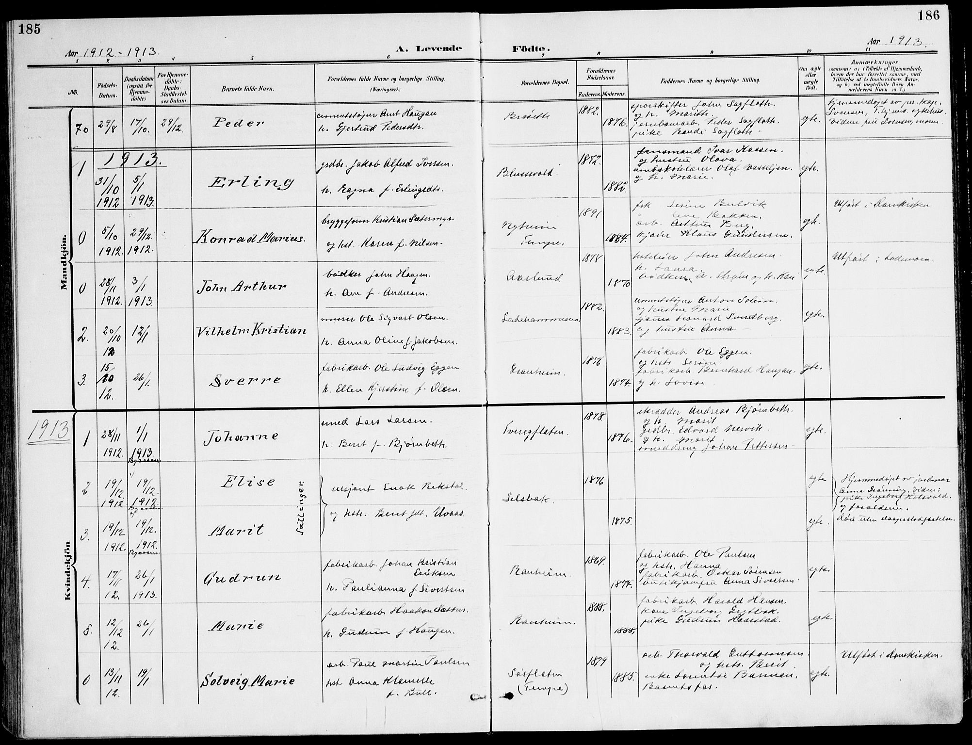 Ministerialprotokoller, klokkerbøker og fødselsregistre - Sør-Trøndelag, SAT/A-1456/607/L0320: Parish register (official) no. 607A04, 1907-1915, p. 185-186